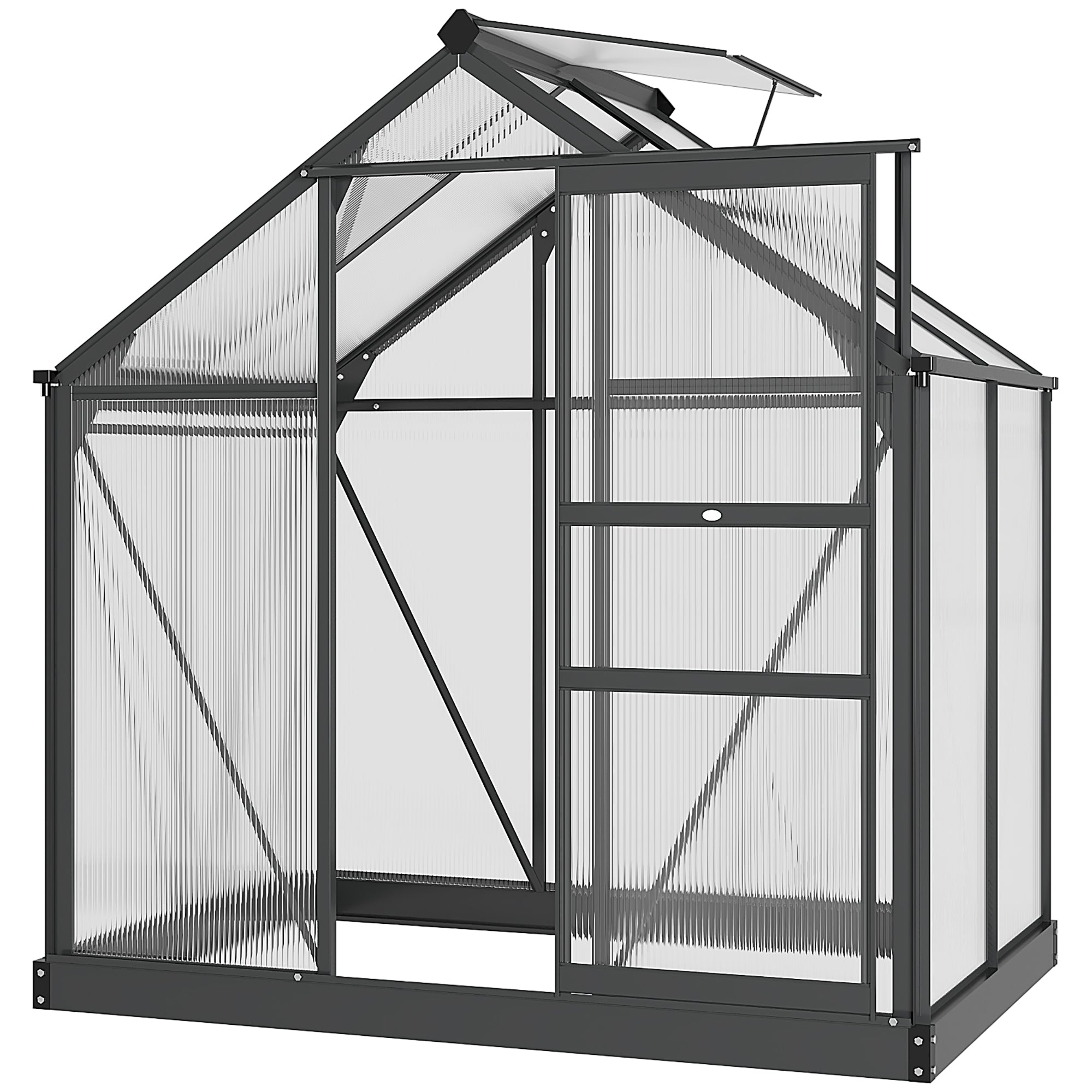 Outsunny 6 x 4ft Polycarbonate Greenhouse, Large Walk-In Green House with Slide Door and Window, Garden Plants Grow House with Aluminium Frame and Foundation, Grey - North Peak Garden Furniture