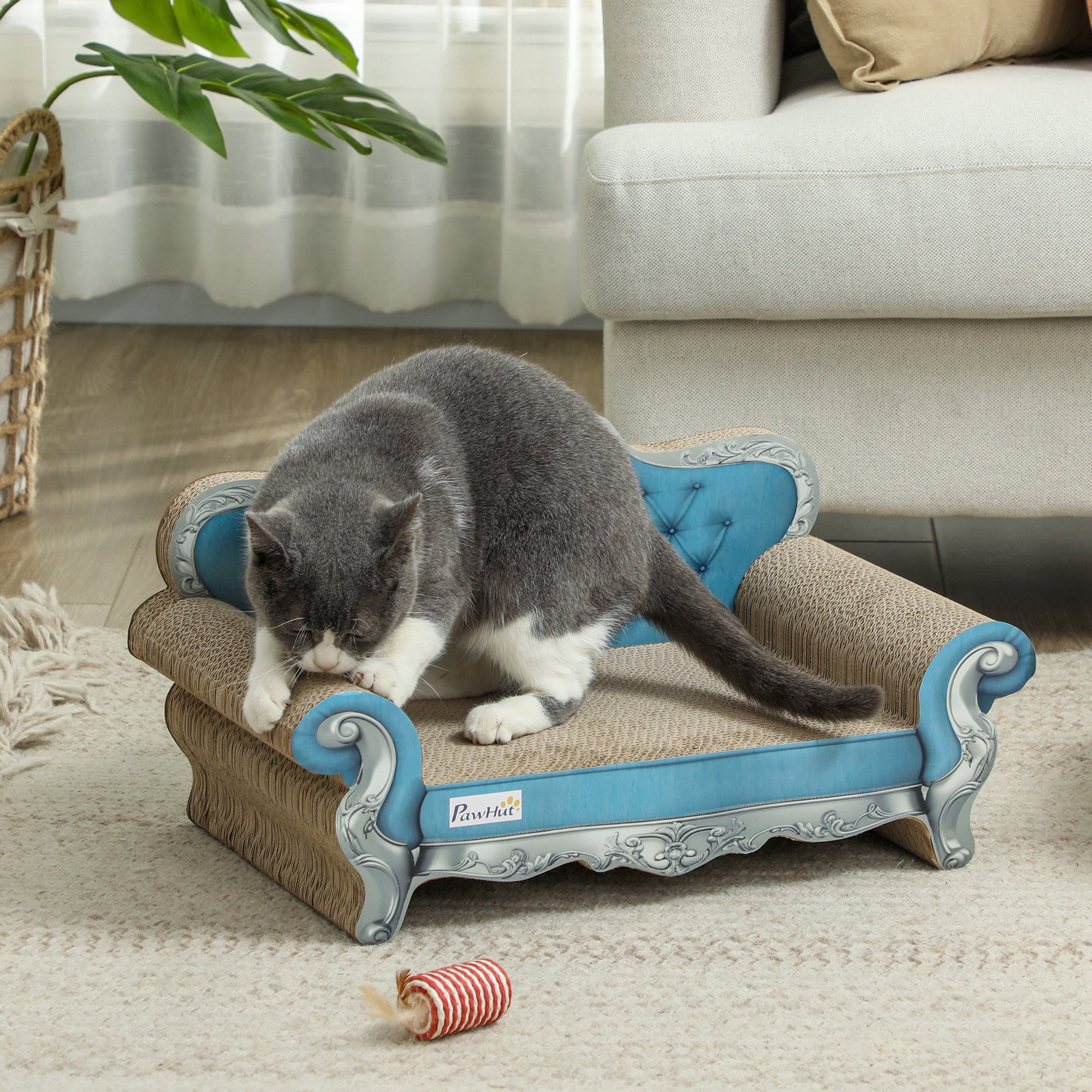 PawHut 2 in 1 Cat Scratcher with Catnip for Indoor Cats, 30.5 x 55 x 31.5cm, Light Blue - North Peak Garden Furniture