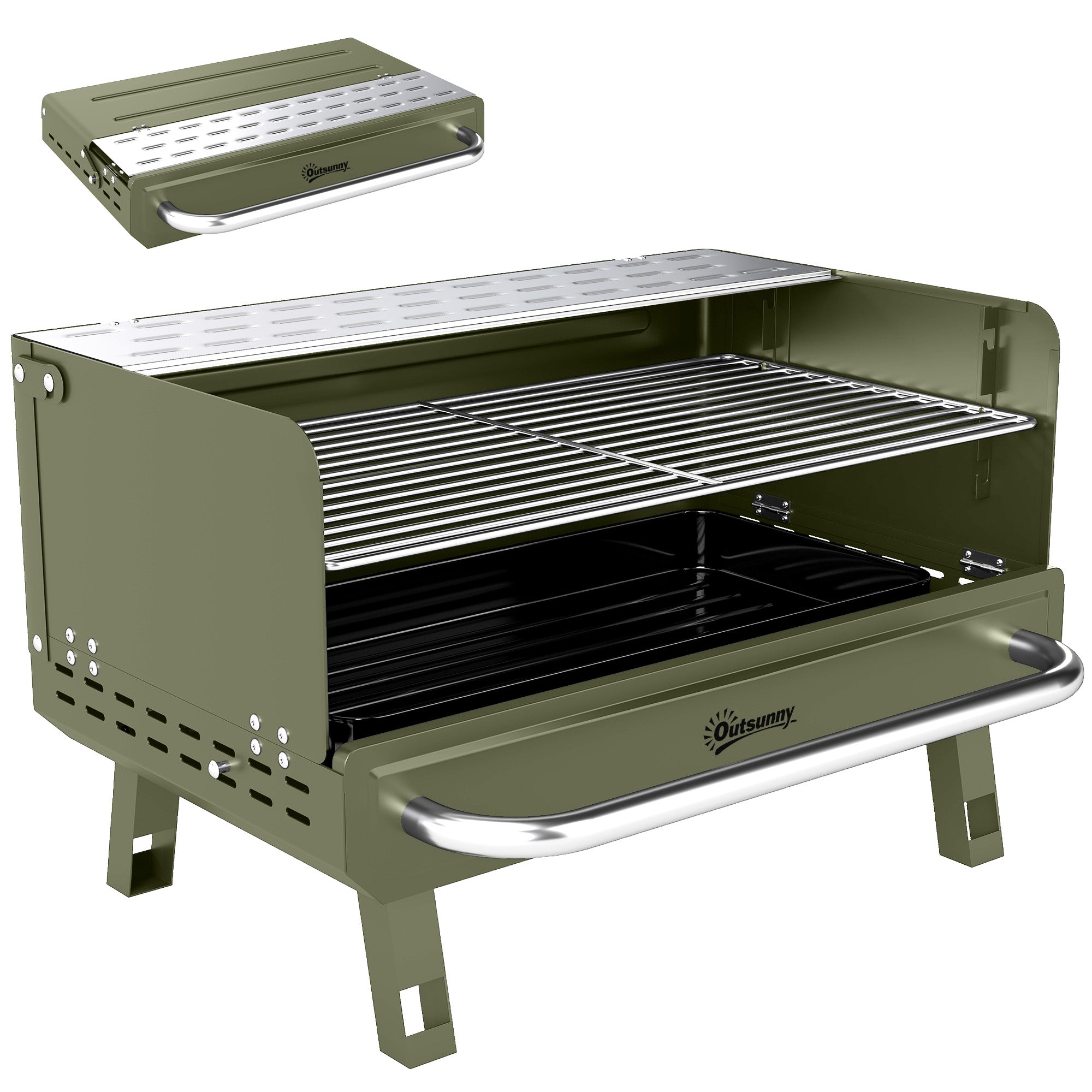 Outsunny Portable BBQ Grill, Charcoal Barbecue Grill with Adjustable Grates, Foldable Legs, Side Shelf for Camping Travel, Green