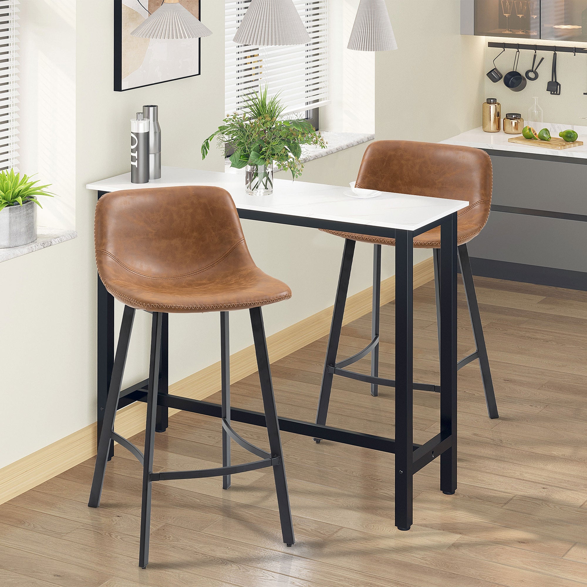 HOMCOM Bar Stools Set of 2, Industrial Kitchen Stool, Upholstered Bar Chairs with Back, Steel Legs, Brown - North Peak Garden Furniture