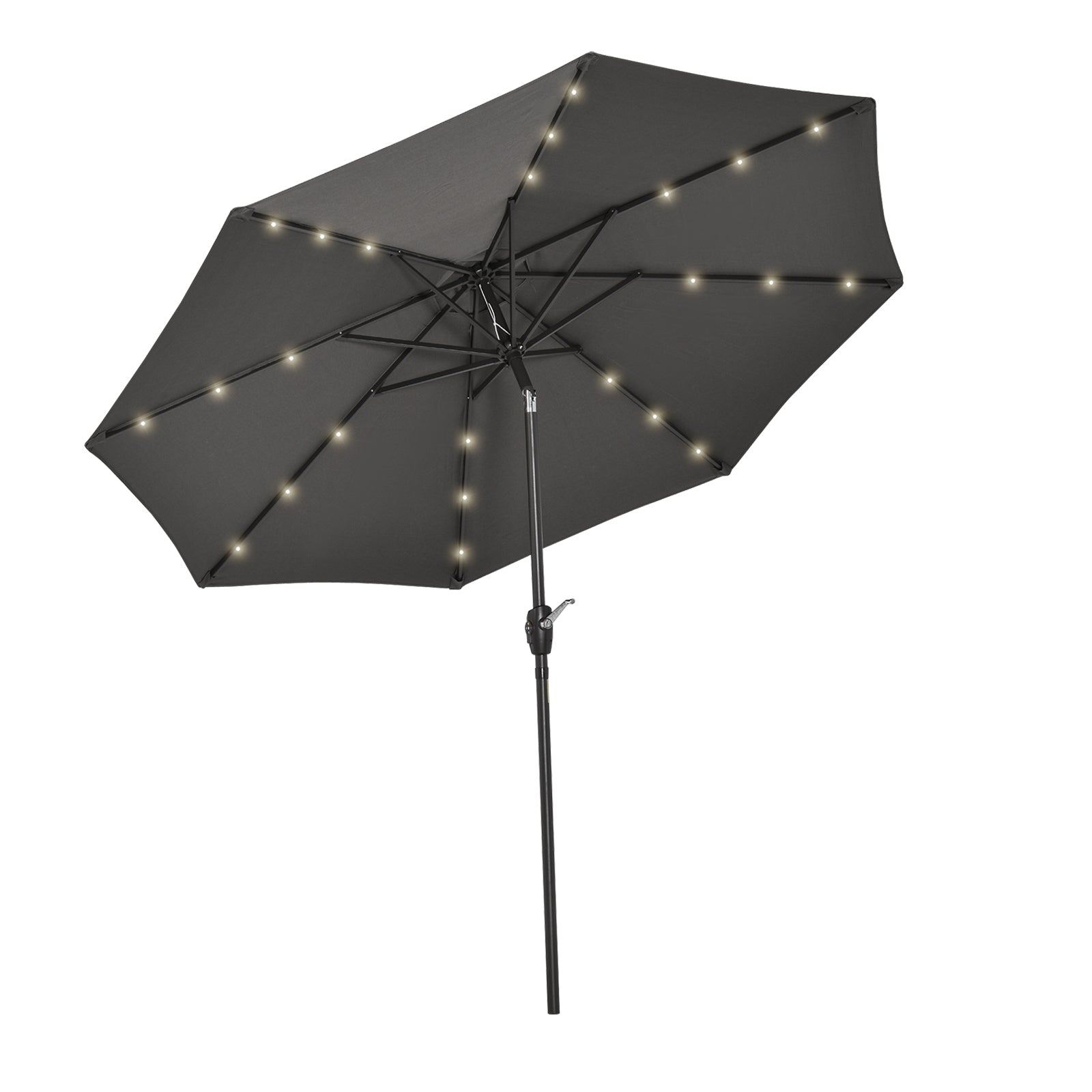 Outsunny Φ2.7m Garden 24 LED Light Parasol Solar Outdoor Tilt Sun Umbrella Patio Club Party Event Manual Sun Shade w/ Hand Crank and 8 Ribs, Grey - North Peak Garden Furniture