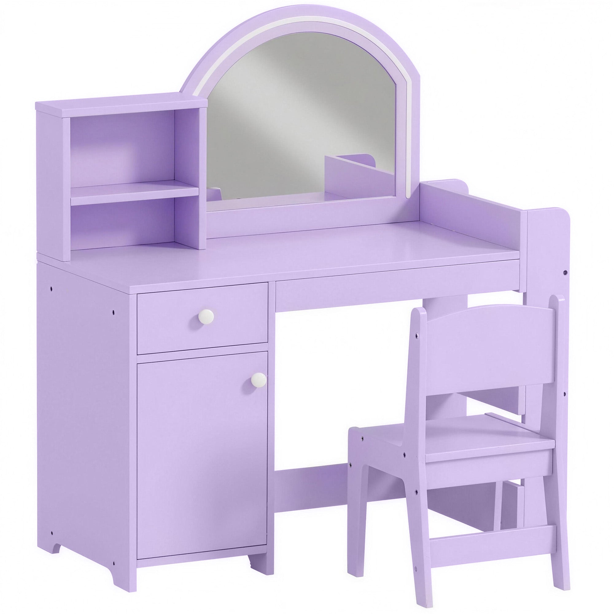 AIYAPLAY Kids Vanity Table and Chair Set, Girls Dressing Table with 2-Colour LED Mirror, Stool, Cabinet, Drawer, Shelves, Purple
