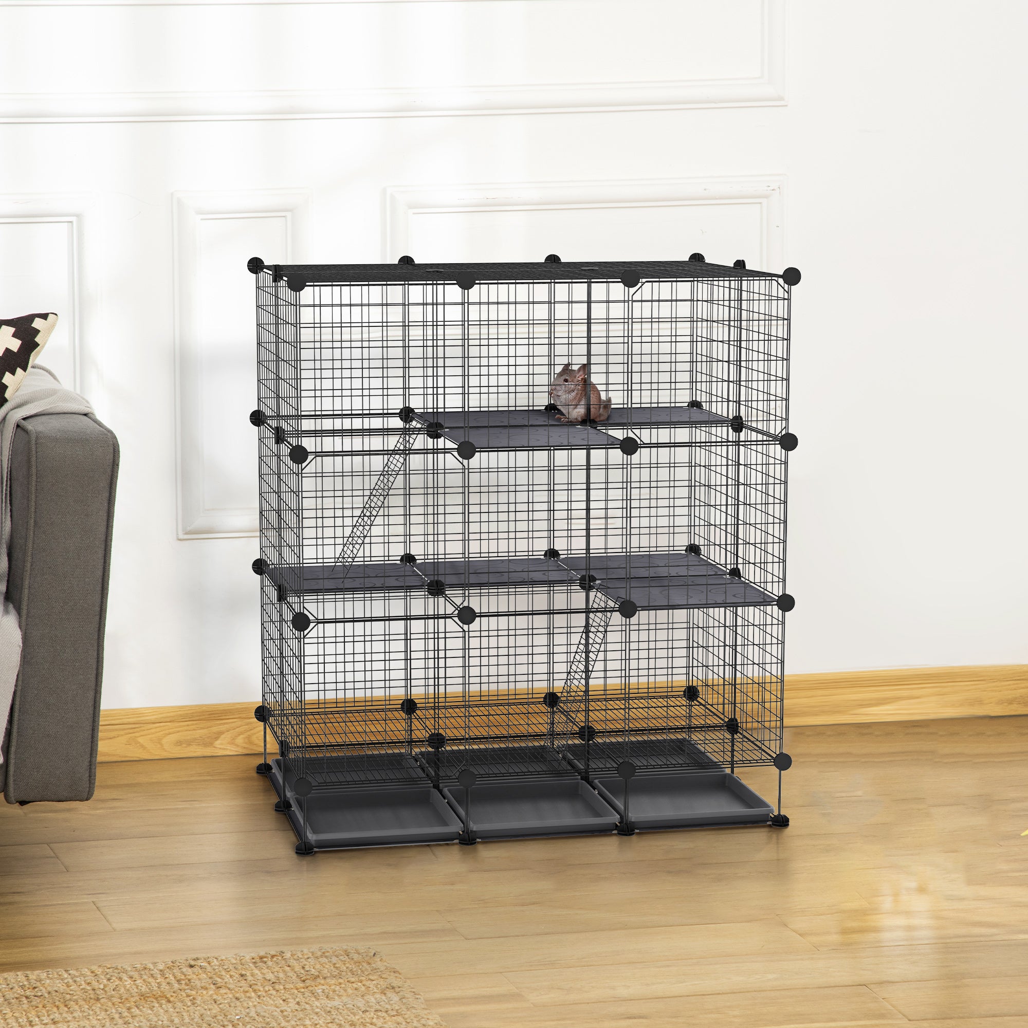 PawHut 3 Level DIY Pet Playpen Metal Small Animal Cage Rabbit Ferret Chinchillas Cage 4 Doors Bottom Trays Black - North Peak Garden Furniture