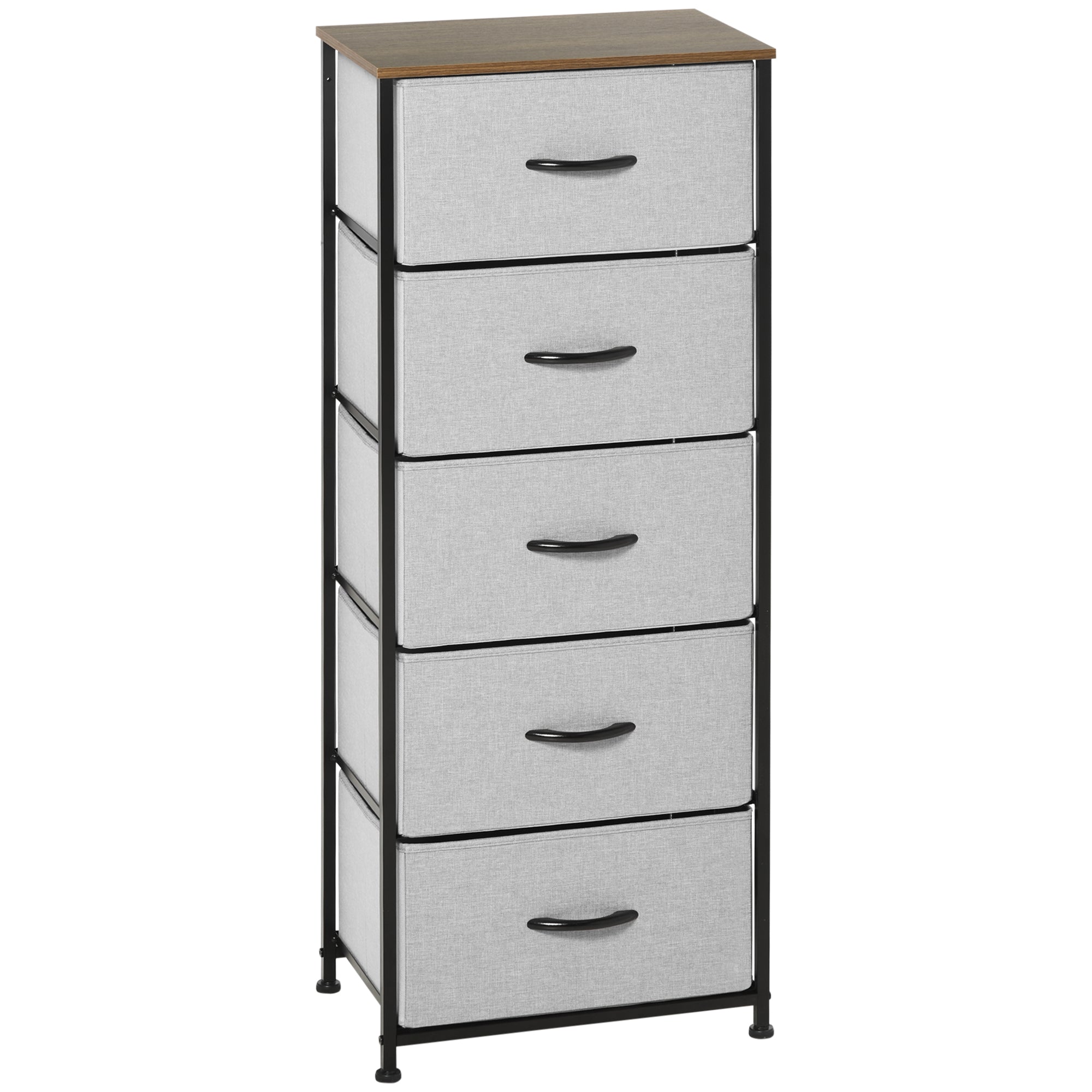 HOMCOM Fabric Chest of Drawers, Storage Drawers, Industrial Bedroom Dresser with 5 Fabric Drawers, Steel Frame and Wooden Top for Nursery, Living Room, Closet, Hallway, Grey - North Peak Garden Furniture