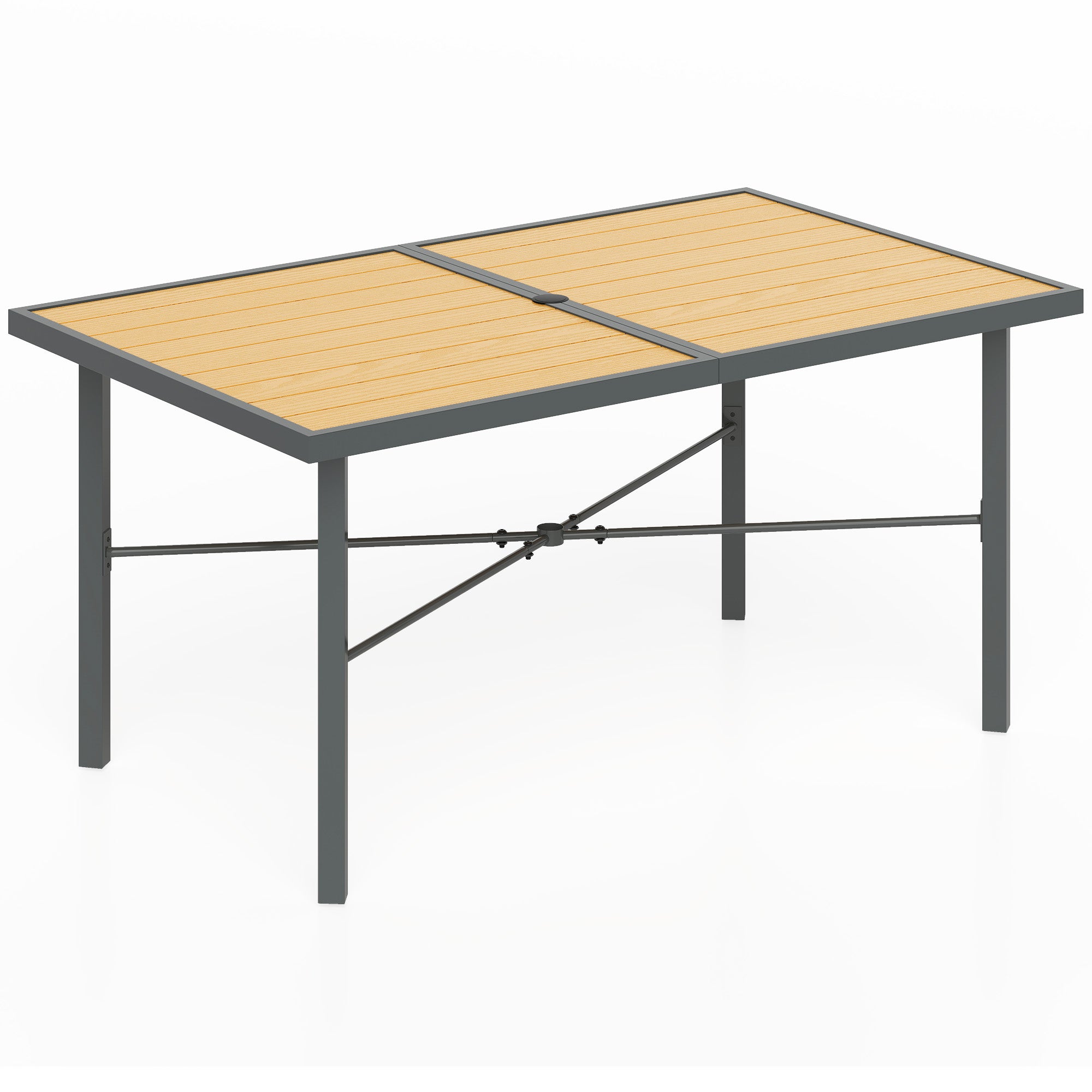 Outsunny Garden Table for 6, Outdoor Dining Table with 5cm Umbrella Hole, Wood Effect Top, Rust Resistant Frame, for Patio, Balcony, Terrace, 150 x 90 cm - North Peak Garden Furniture