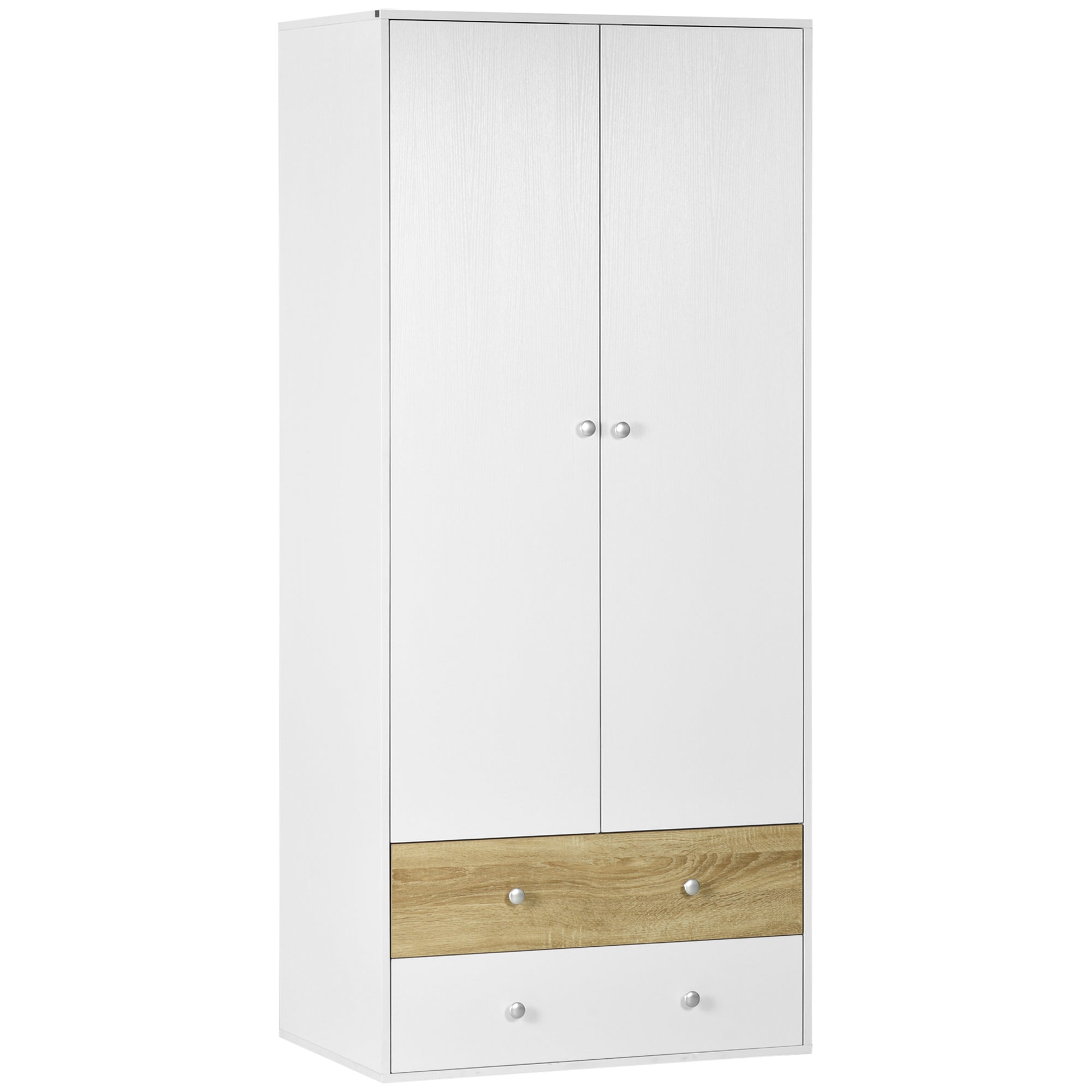HOMCOM 2-Door Wardrobe with 2 Drawers, Hanging Rod and Anti-tipping Straps for Bedroom Clothes Storage Organisation, White - North Peak Garden Furniture