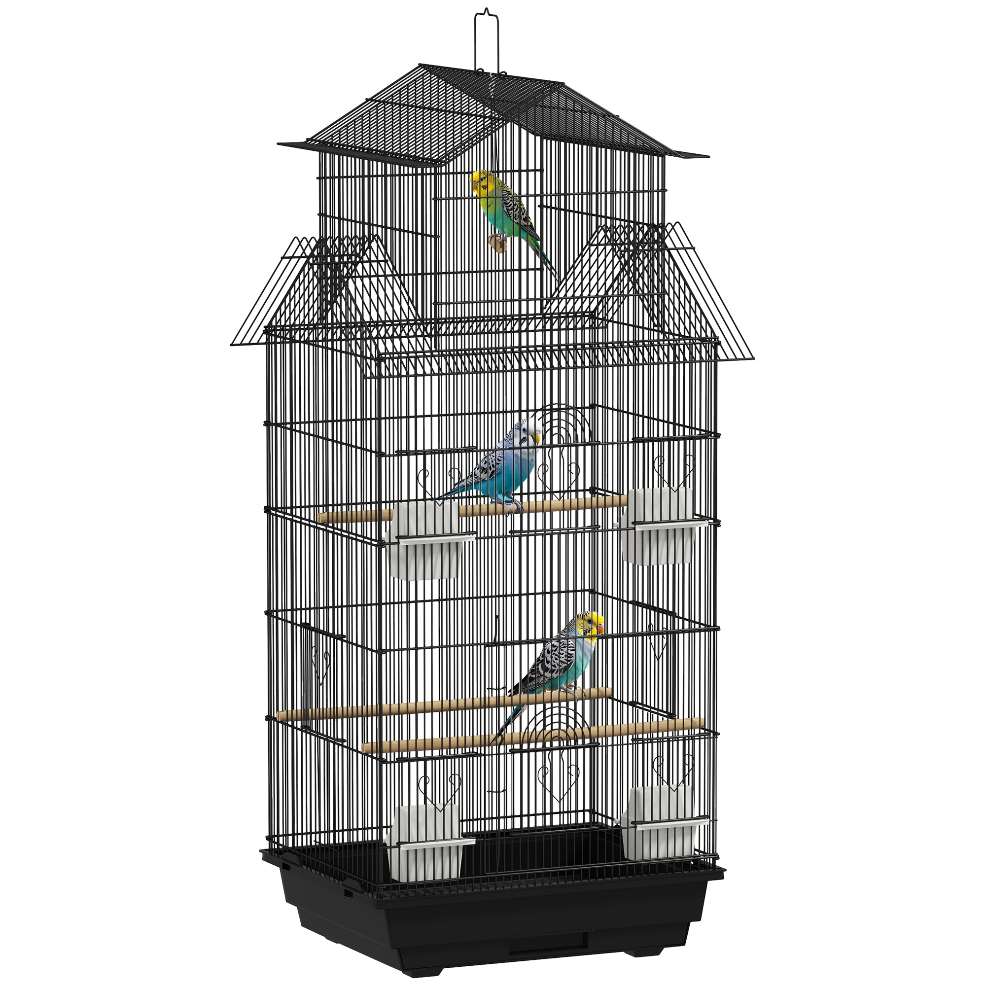 PawHut Metal Bird Cage with Plastic Swing, Perch, Food Container, Tray, Handle, for Finches, Canaries, 43 x 32.5 x 104cm - North Peak Garden Furniture