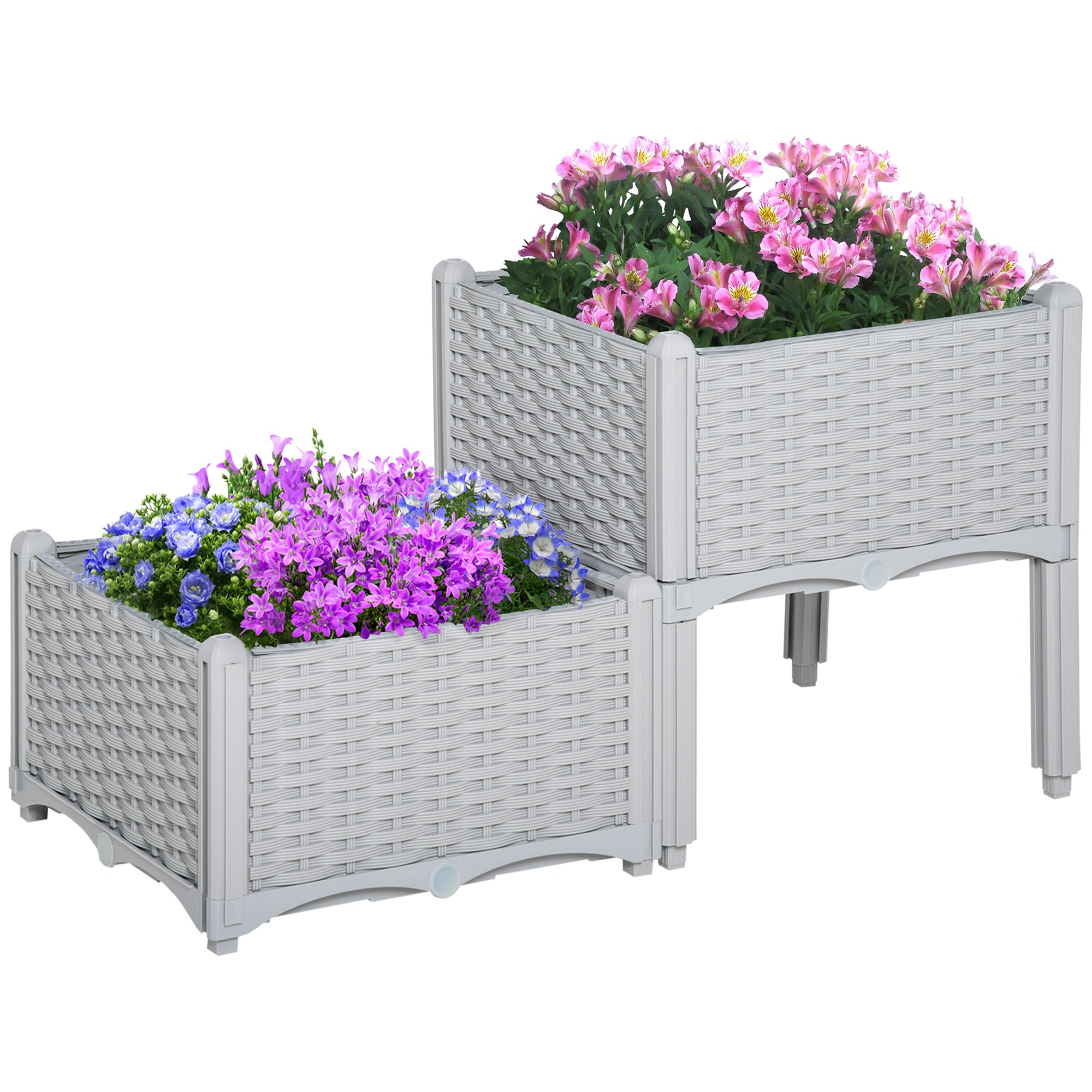 Outsunny 40cm x 40cm x 44cm Set of 2 26L Garden Raised Bed Elevated Patio Flower Plant Planter Box PP Vegetables Planting Container, Grey - North Peak Garden Furniture
