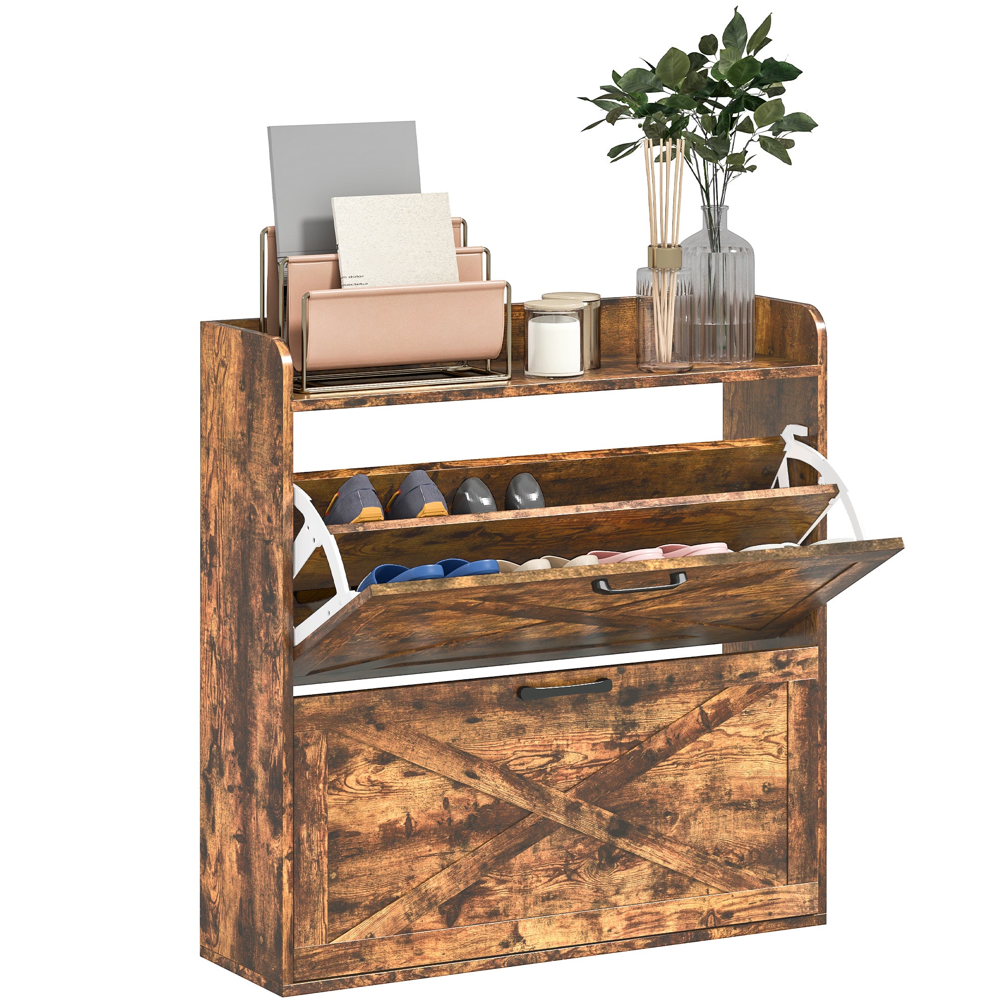 HOMCOM Two Flip Drawer Narrow Shoe Cabinet with Adjustable Shelves - Rustic Brown - North Peak Garden Furniture