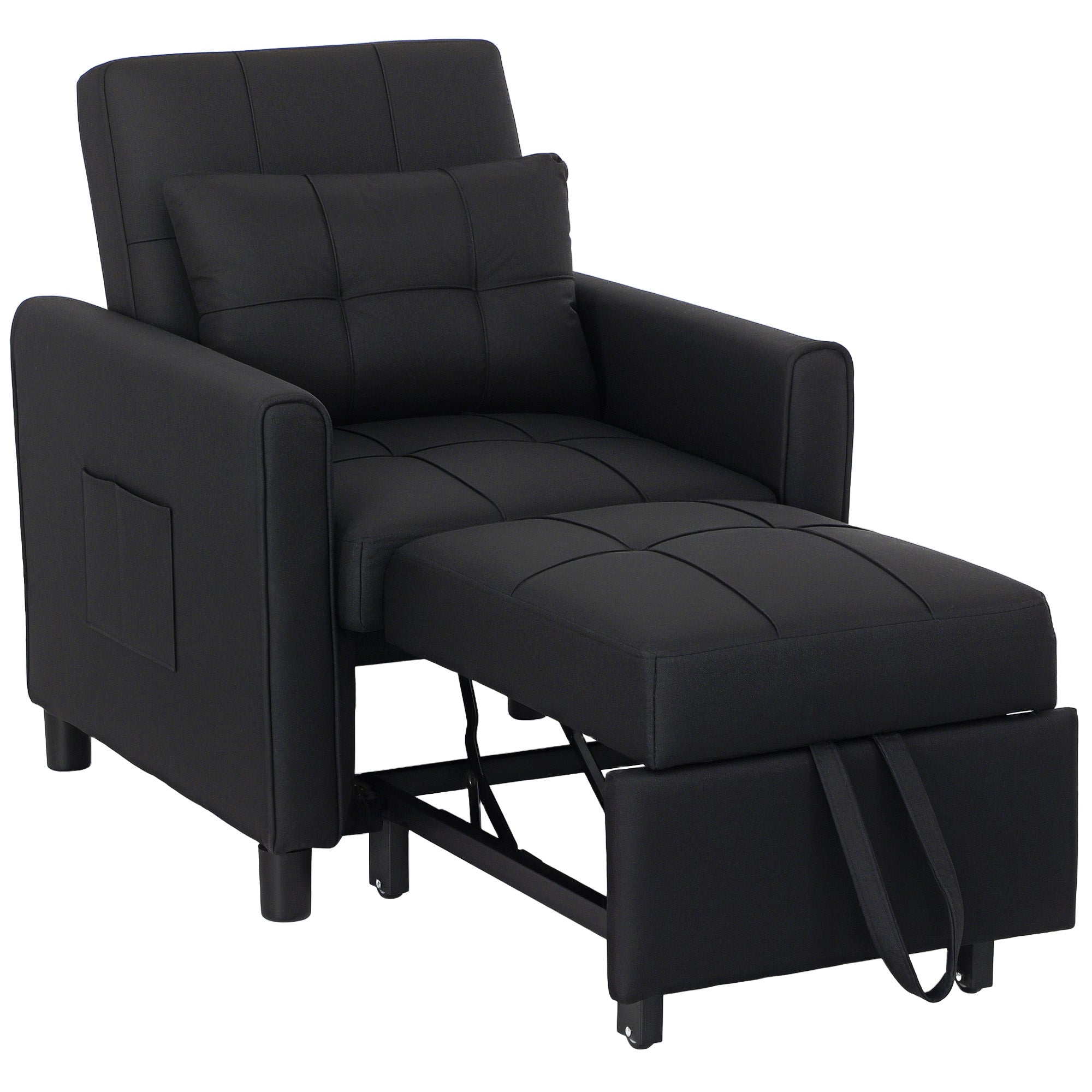 HOMCOM 3-In-1 Convertible Chair Bed, Pull Out Sleeper Chair with Adjustable Backrest, Side Pockets, Black - North Peak Garden Furniture