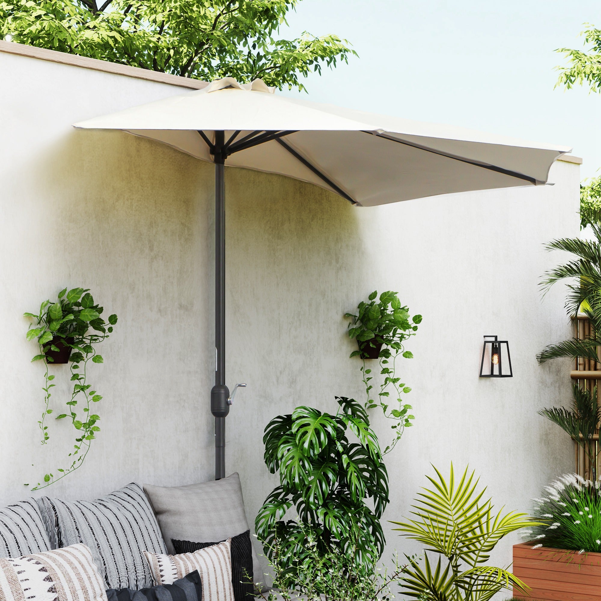 Outsunny 3(m) Half Parasol Semi Round Umbrella Patio Metal Frame Crank Handle for Balcony-- NO BASE INCLUDED, Cream White - North Peak Garden Furniture
