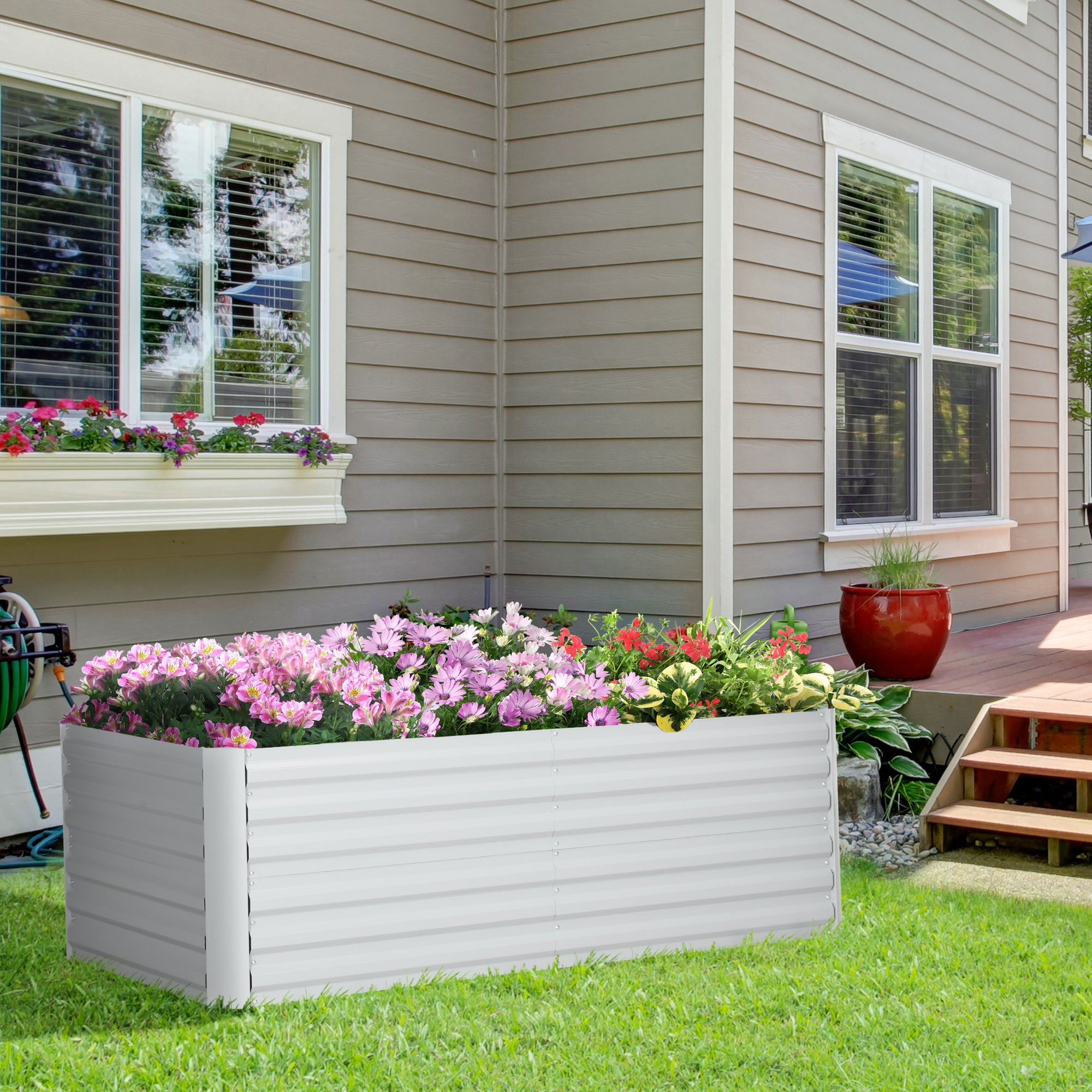 Outsunny Raised Beds for Garden, Galvanised Steel Outdoor Planters with Multi-reinforced Rods, 180 x 90 x 59 cm, Light Grey - North Peak Garden Furniture