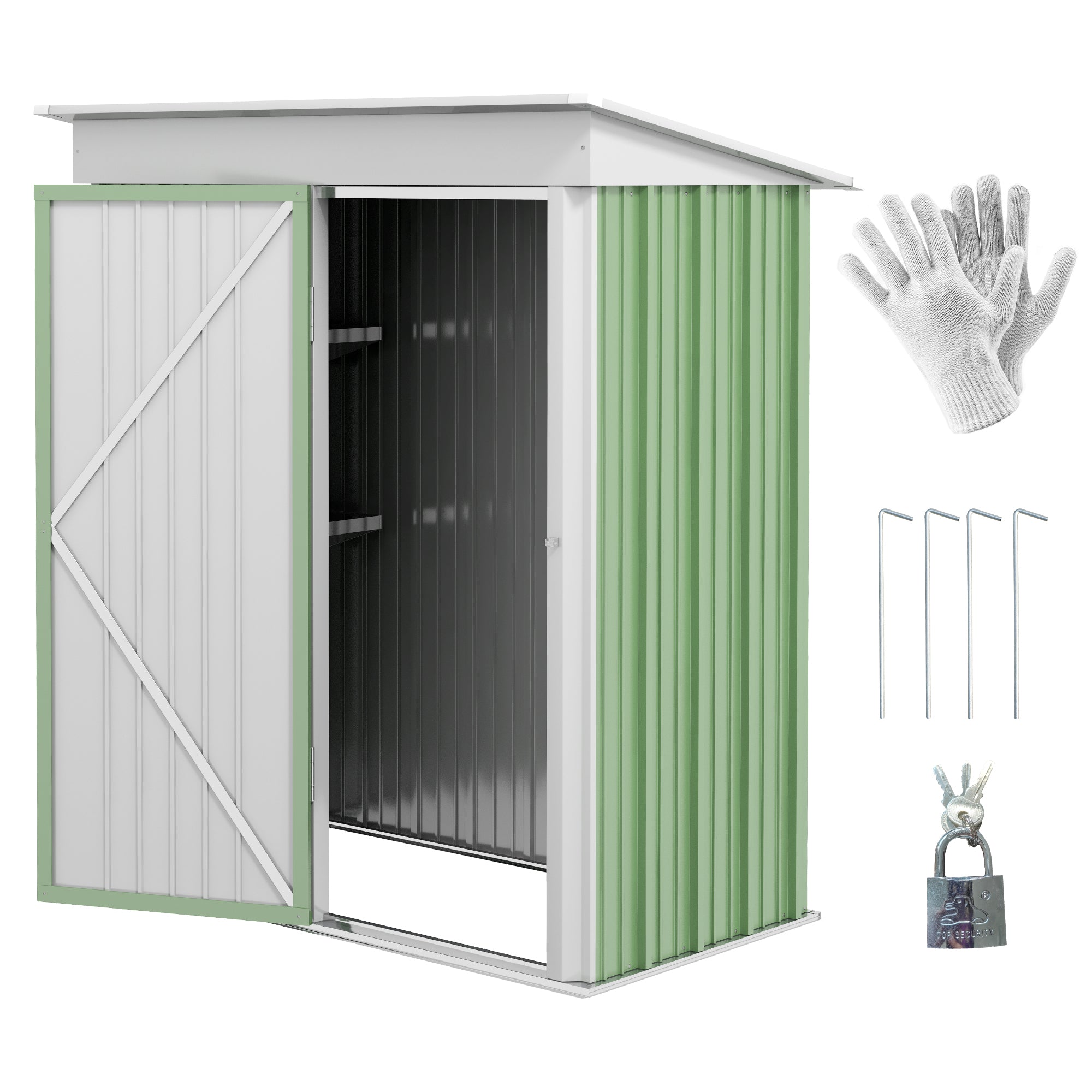 Outsunny Metal Garden Shed, Outdoor Lean-to Shed for Tool Motor Bike, with Adjustable Shelf, Lock, Gloves, 5'x3'x6', Green - North Peak Garden Furniture