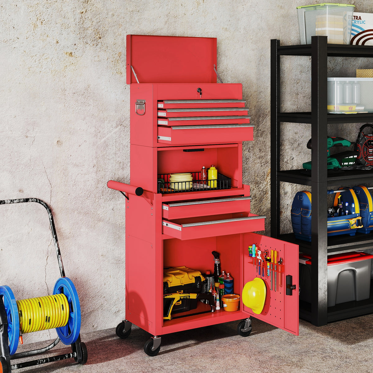 HOMCOM Three-Part Steel Locking Tool Chest - Red