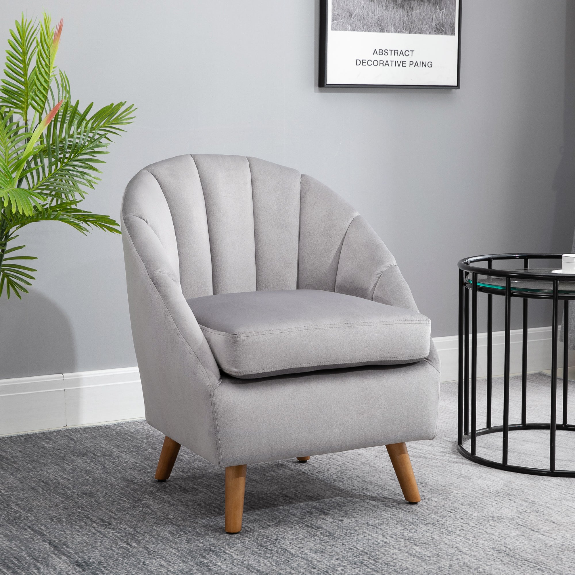 HOMCOM Accent Chair Velvet Fabric Single Sofa Armchair Home Living Room Solid Wood Leg Upholstered Side Armchair Grey - North Peak Garden Furniture