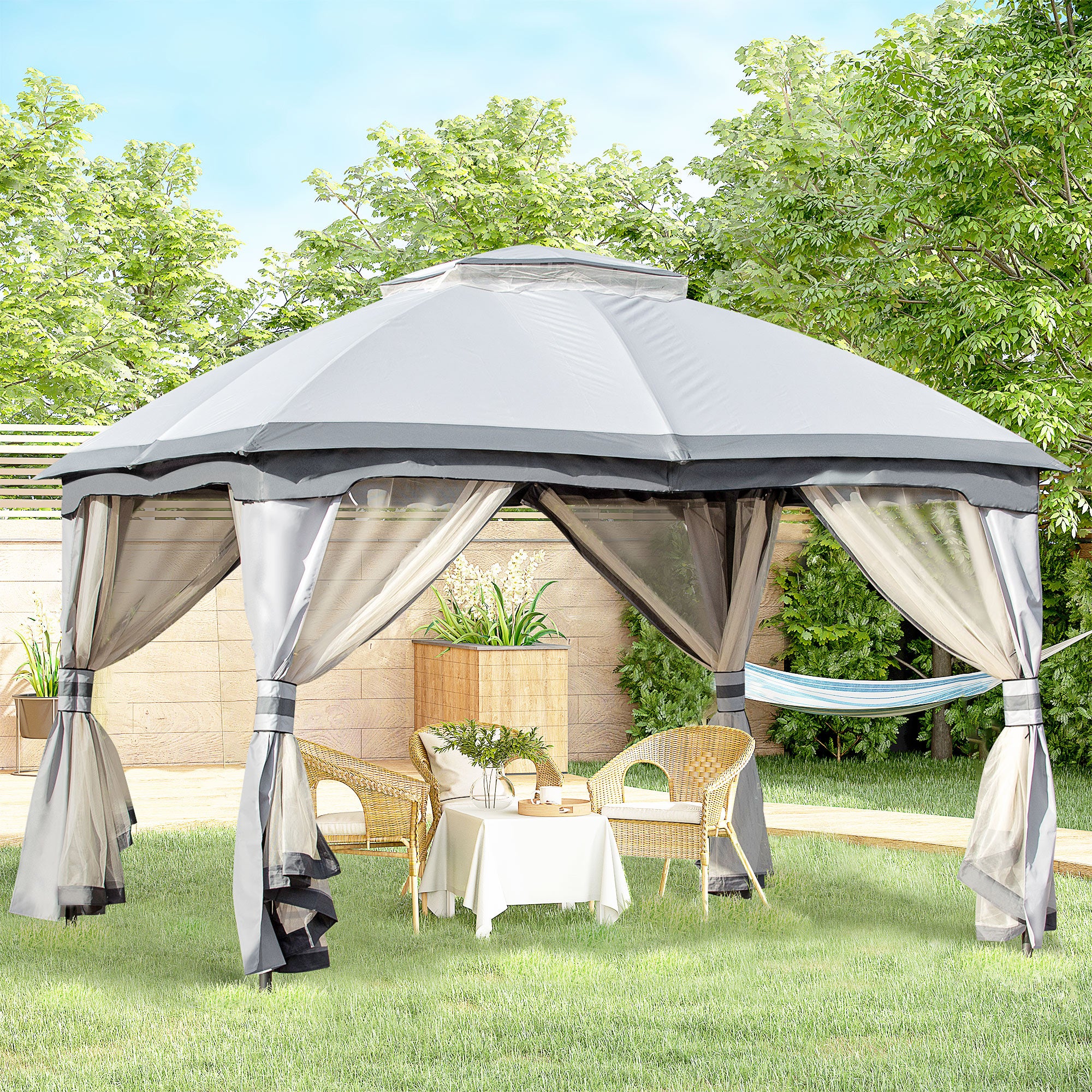 Outsunny 3.7 x 3(m) Metal Gazebo Canopy Party Tent Garden Patio Shelter with Netting Sidewalls & Double Tiered Roof, Grey - North Peak Garden Furniture