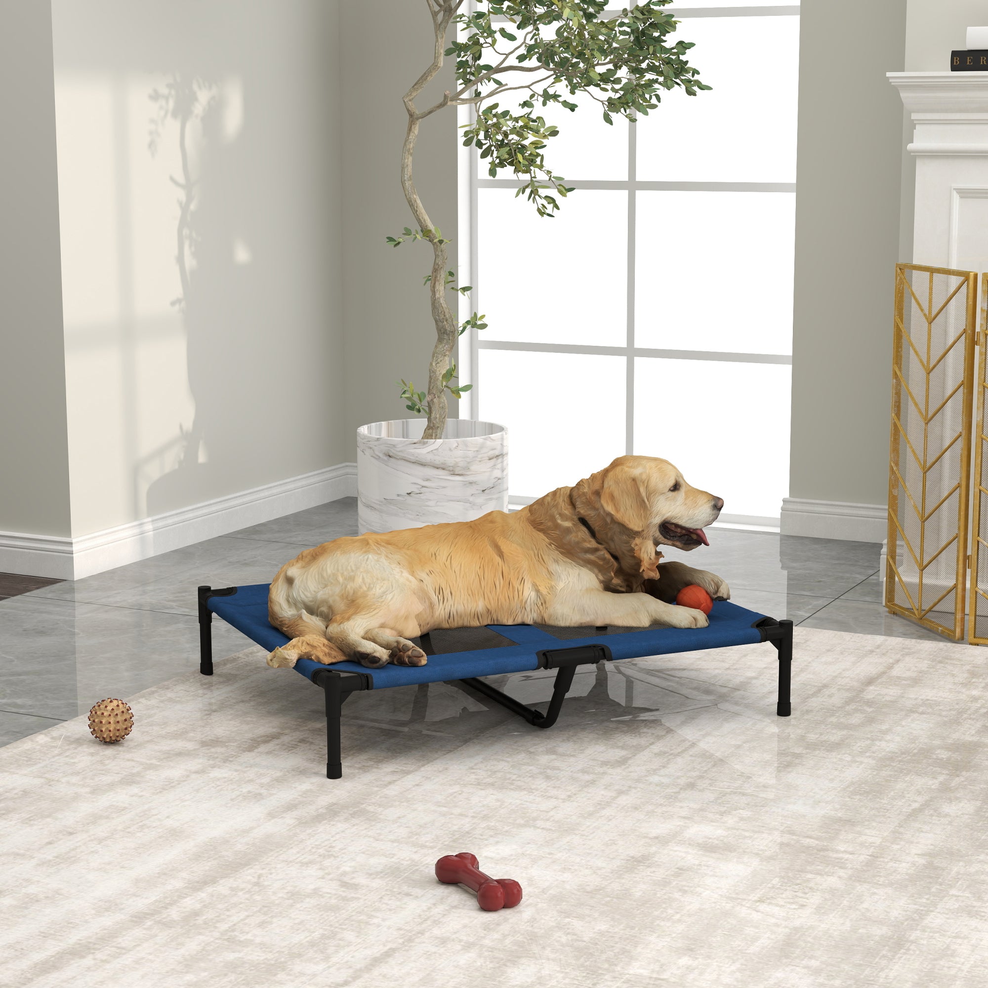 PawHut Raised Dog Bed Cat Elevated Lifted Puppy Pet Elevated Cot Portable Camping Basket – Blue (Large)