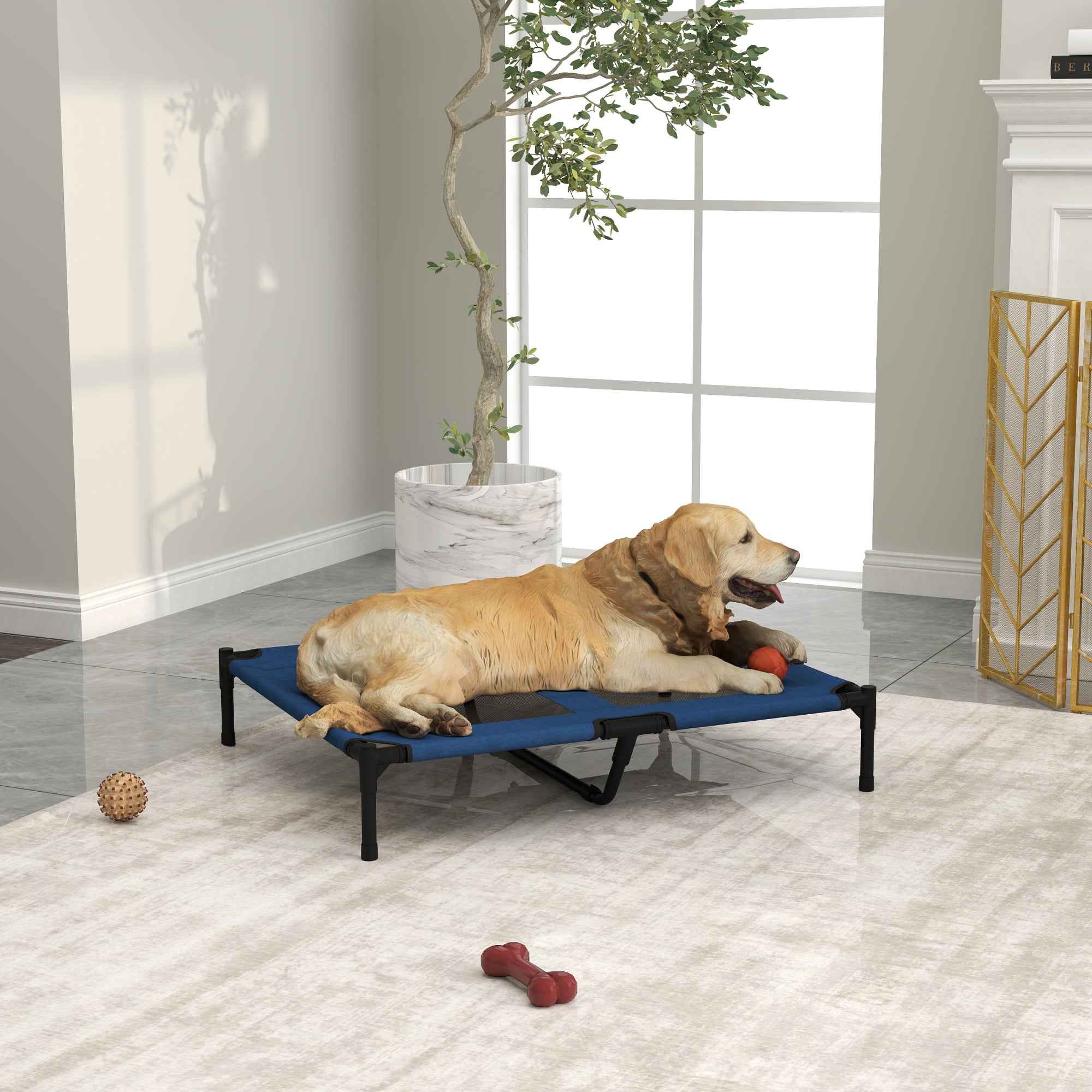 PawHut Raised Dog Bed Cat Elevated Lifted Puppy Pet Elevated Cot Portable Camping Basket – Blue (Large)