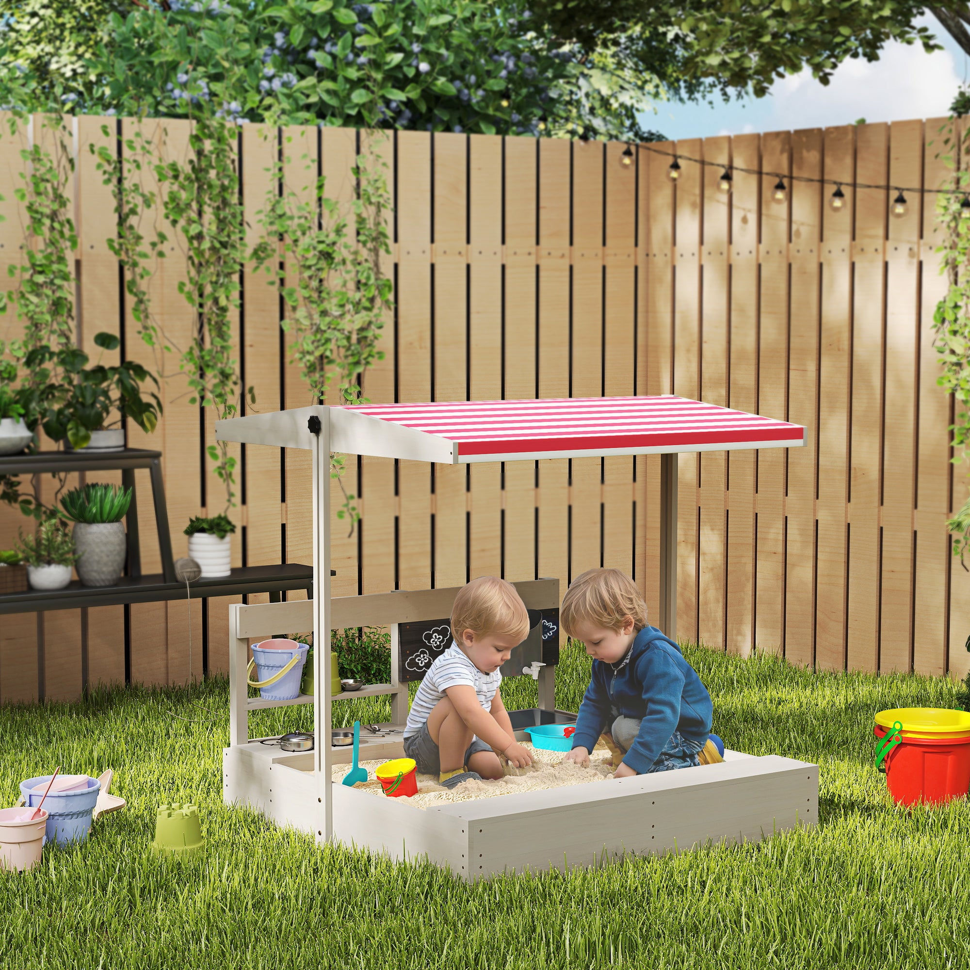 Outsunny Kids Wooden Sandbox w/ Canopy, Kitchen Toys, Seat, Storage, for 3-7 Years Old Outdoor Play - North Peak Garden Furniture