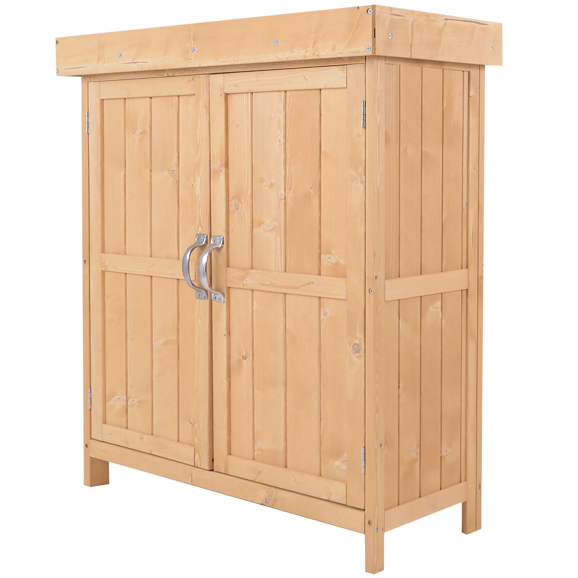Outsunny Wooden Garden Storage Shed with Hinged Roof and Shelves, Outdoor Storage Cabinet Chest, Double Doors, 74 x 43 x 88cm, Burlywood - North Peak Garden Furniture
