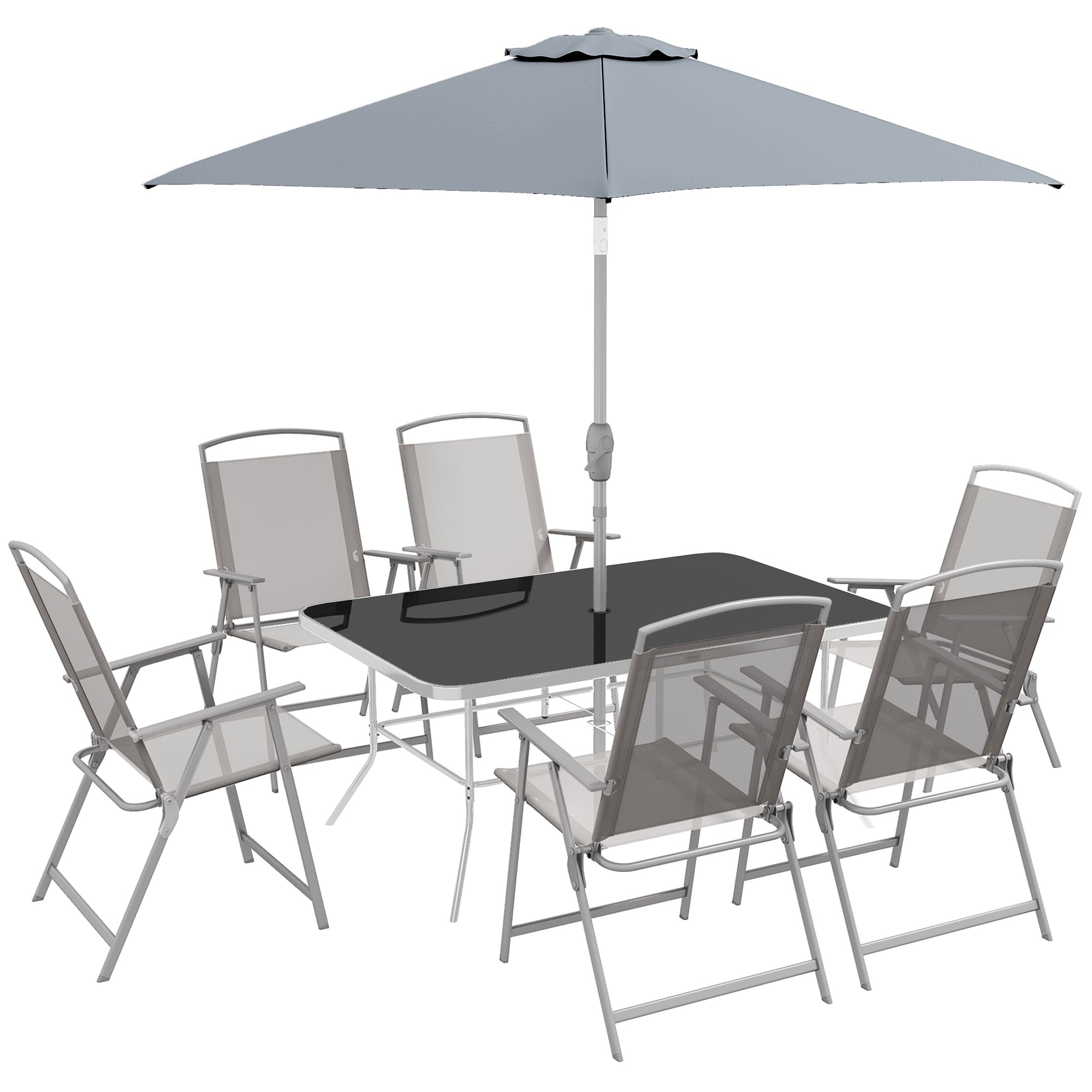 Outsunny Eight-Piece Garden Dining Set, with Chairs, Table and Parasol - Grey - North Peak Garden Furniture