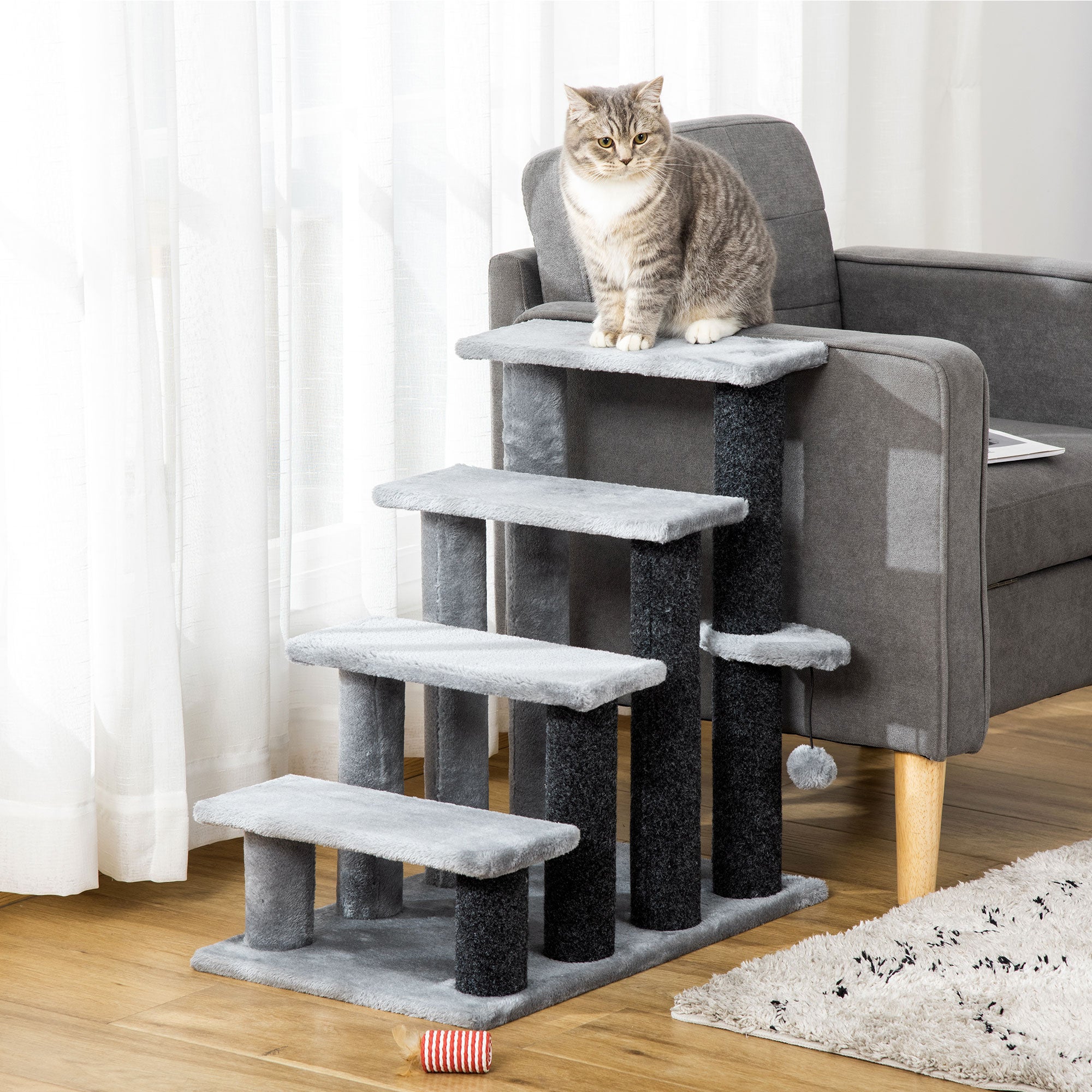 PawHut 4-step Pet Stairs with Scratching Posts, Platforms, Toy Ball, Grey - North Peak Garden Furniture