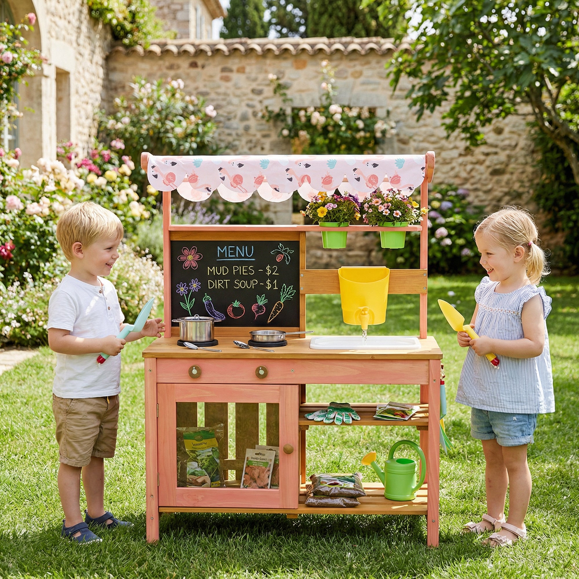 AIYAPLAY Kids Mud Kitchen with Canopy, Outdoor Wooden Play Kitchen with Planter Box, Accessories for Age 3-6, Pink