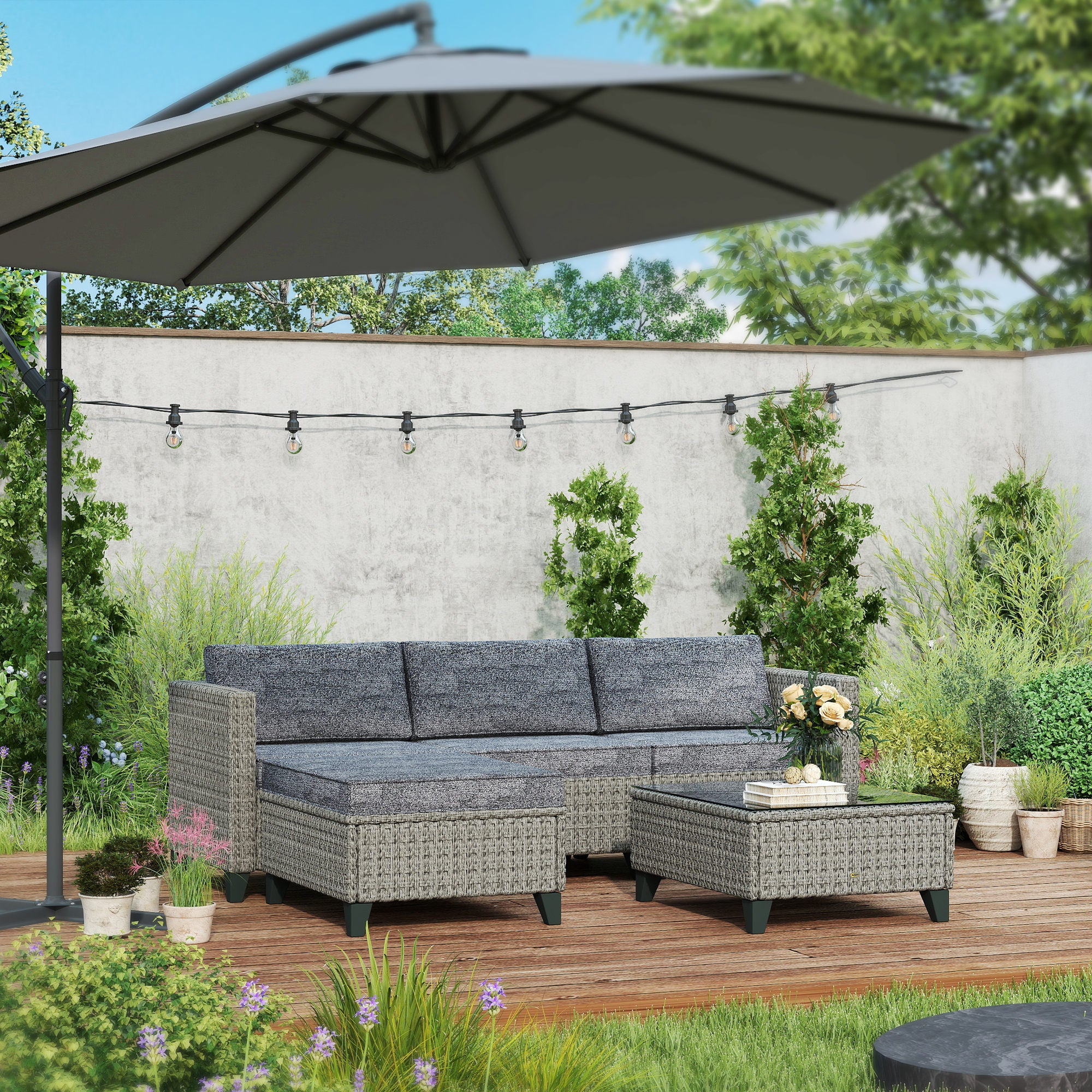 Outsunny 5-Piece Rattan Patio Furniture Set with Corner Sofa, Footstools, Coffee Table, for Poolside, Dark Grey - North Peak Garden Furniture