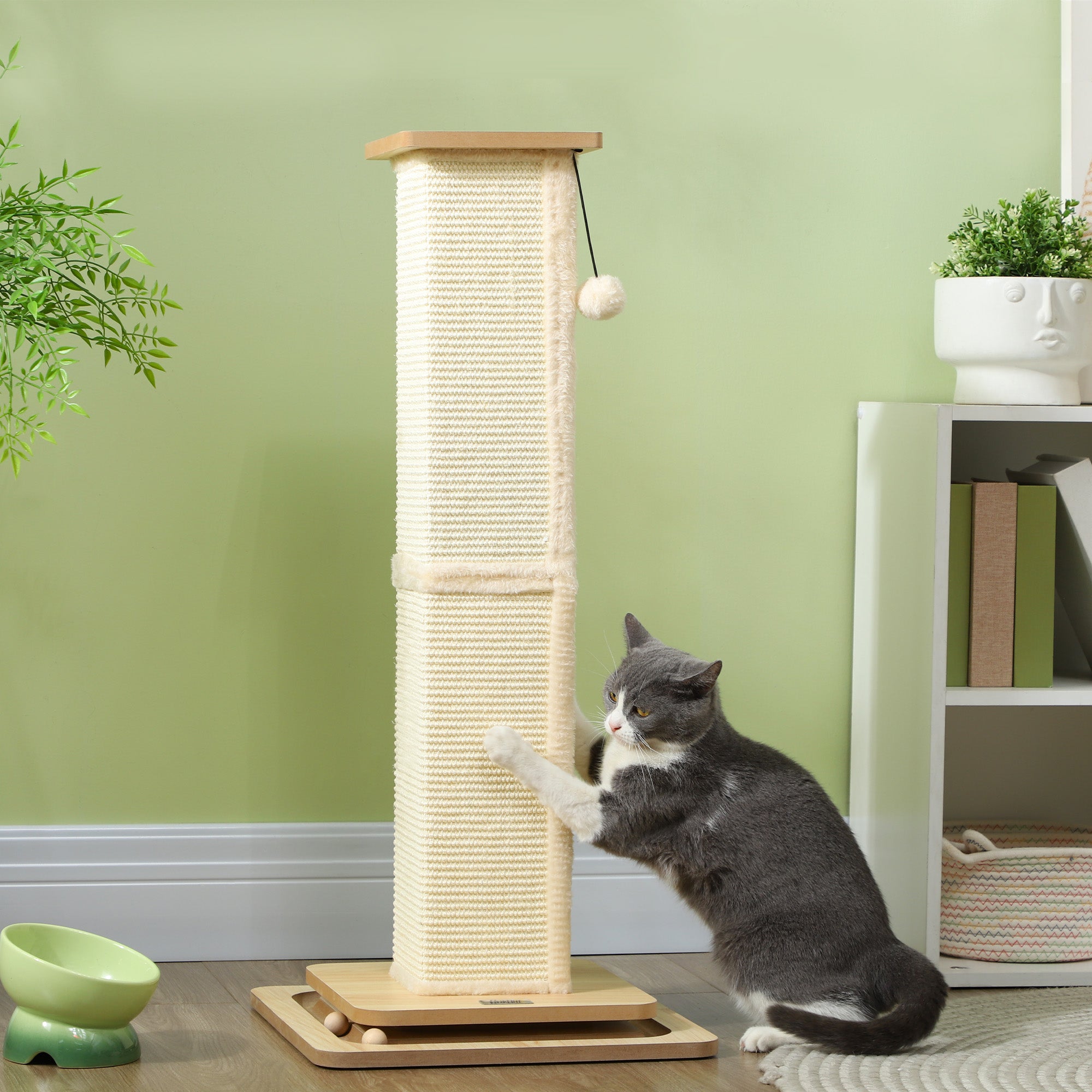 PawHut 3-in-1 Cat Scratching Post, 87cm Cat Scratcher w/ Track Ball Toy, Oak Tone - North Peak Garden Furniture