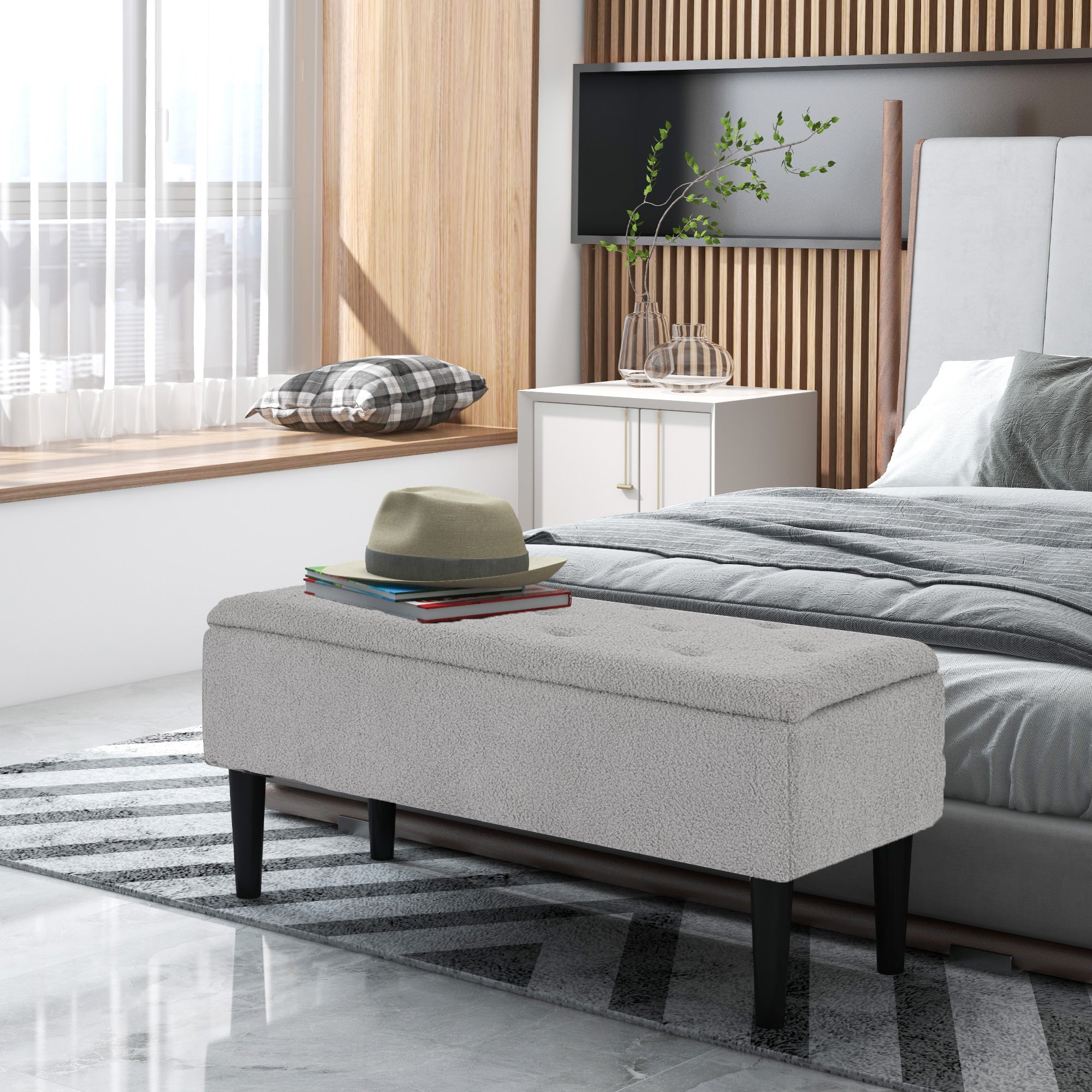 HOMCOM 47L Foldable Storage Ottoman, End of Bed Bench with Wooden Legs, Fabric Footstool for Living Room, Bedroom, 95 x 38 x 45cm, Grey - North Peak Garden Furniture