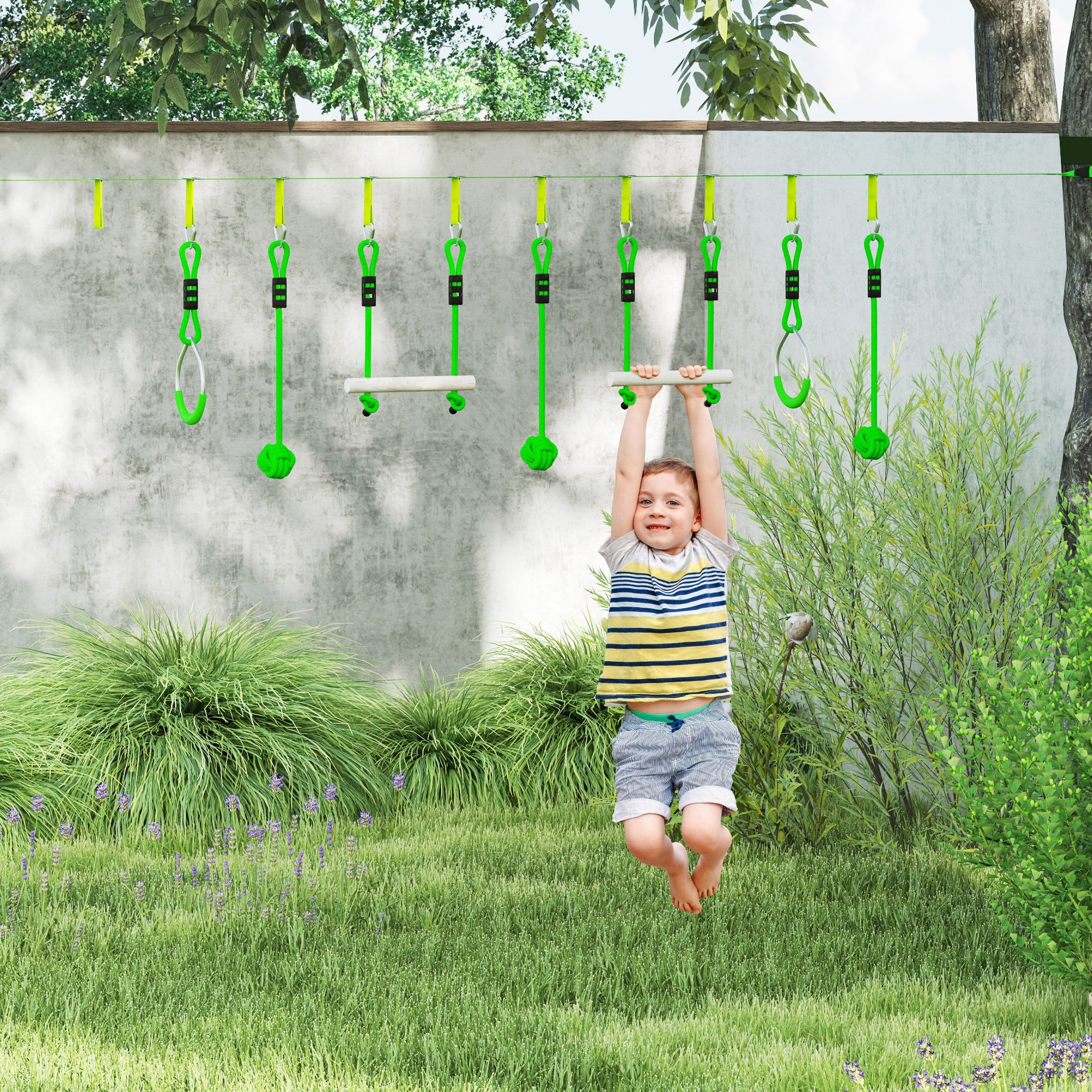 AIYAPLAY 7 Piece Kids Zip Line Kit for Garden, 10m Kids Slackline Kit with Wooden Monkey Bars, Metal Rings, Gripping Balls, Green - North Peak Garden Furniture