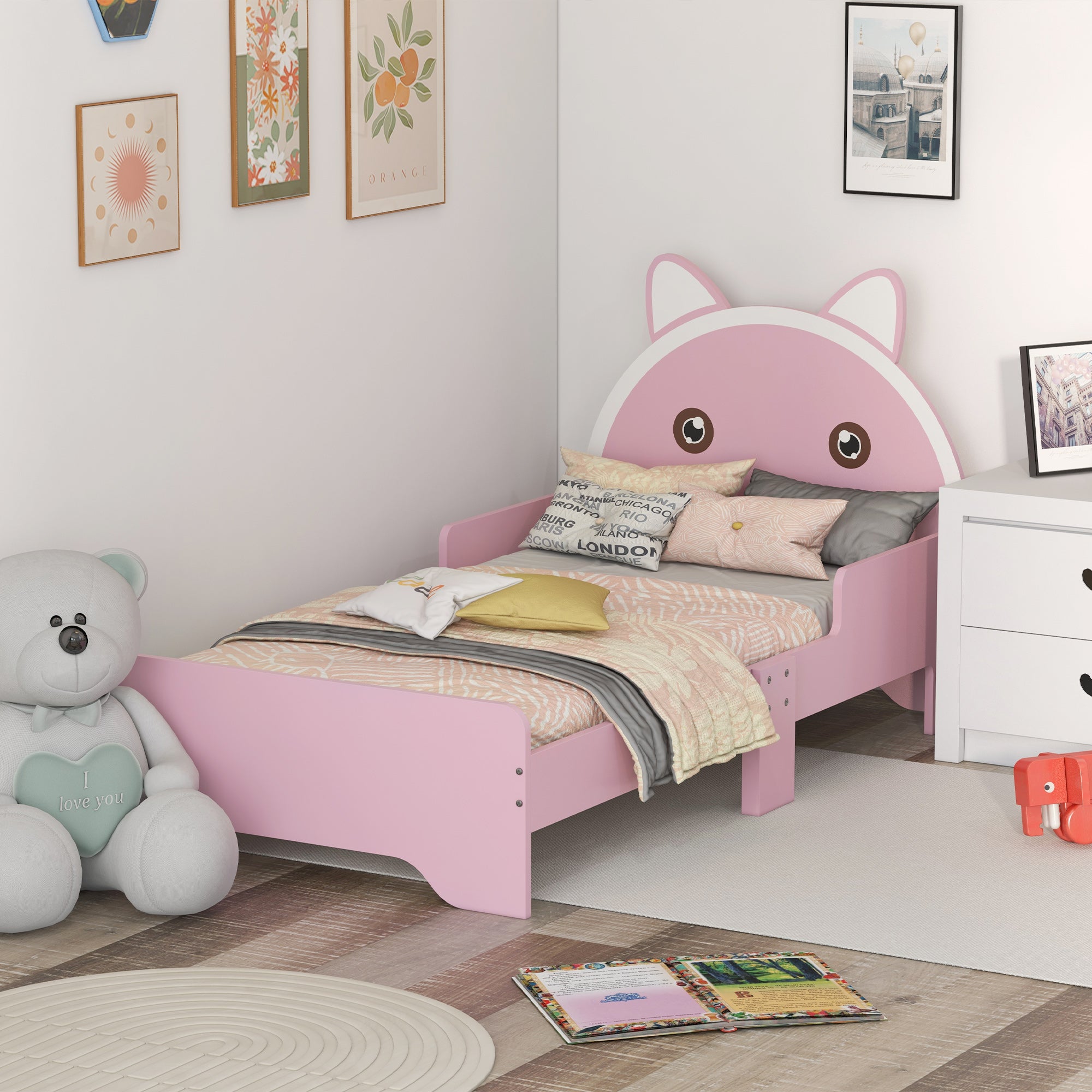 ZONEKIZ Bed for Kids Cat Design Toddler Bed Frame Bedroom Furniture with Guardrails, for 3-6 Years, 143L x 74W x 72Hcm - Pink - North Peak Garden Furniture