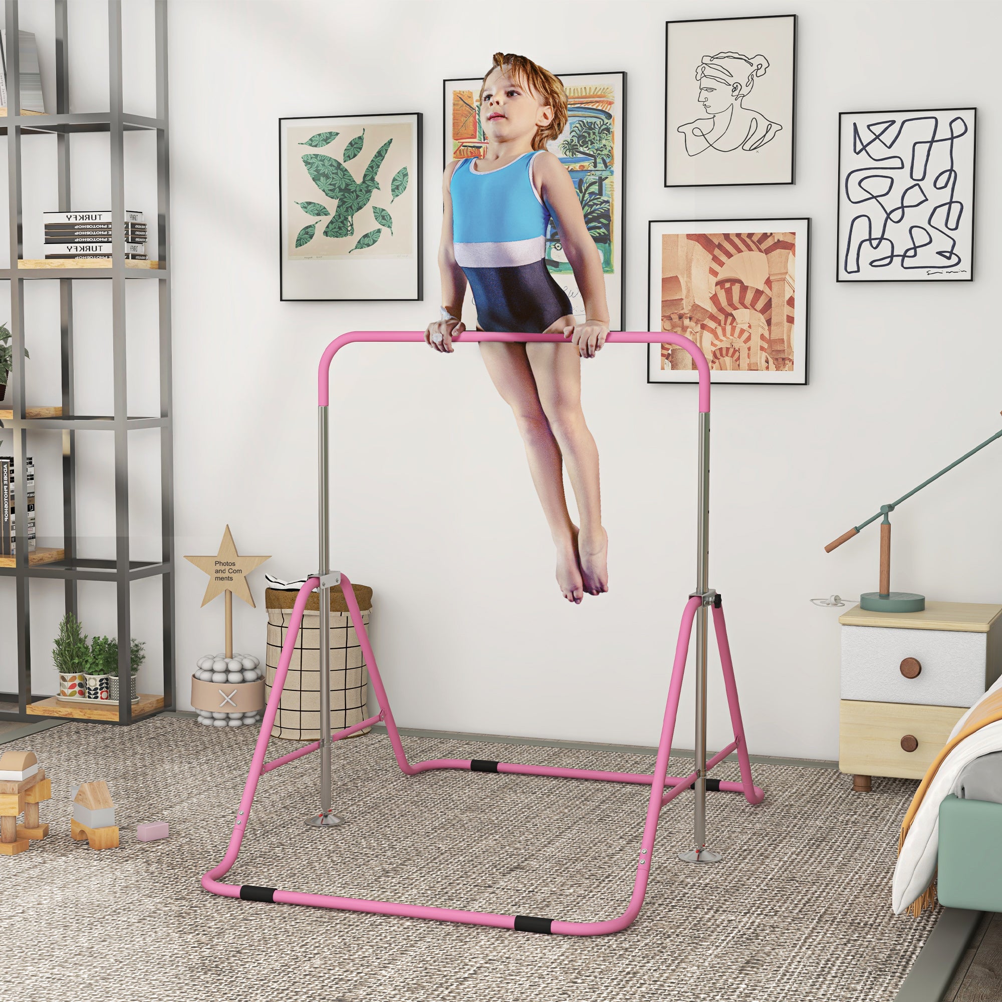 HOMCOM Kids Gymnastic Bar, with Adjustable Height, Foldable Horizontal Bars - Pink - North Peak Garden Furniture