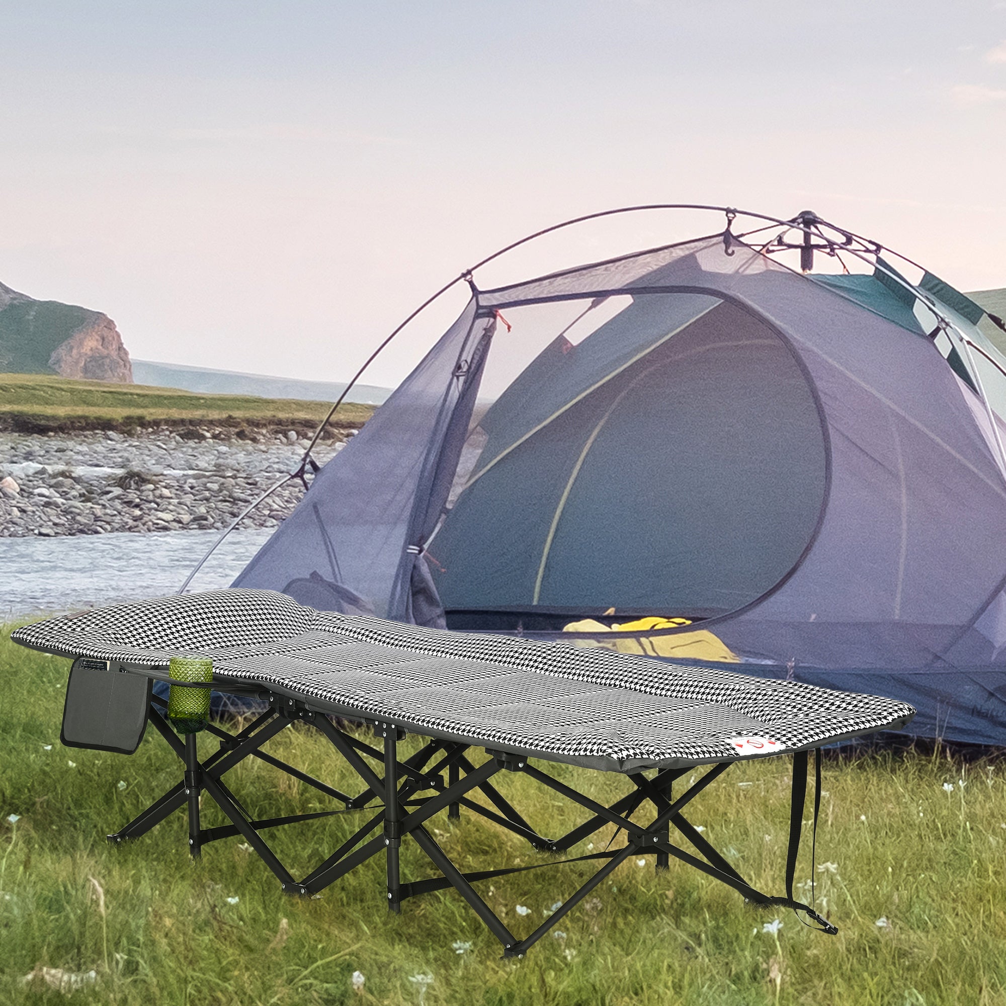 Outsunny Foldable Sun Lounger, Padded Patio Camping Bed with Carry Bag, Magazine Bag and Cup Holder for Outdoor, Garden, Black - North Peak Garden Furniture