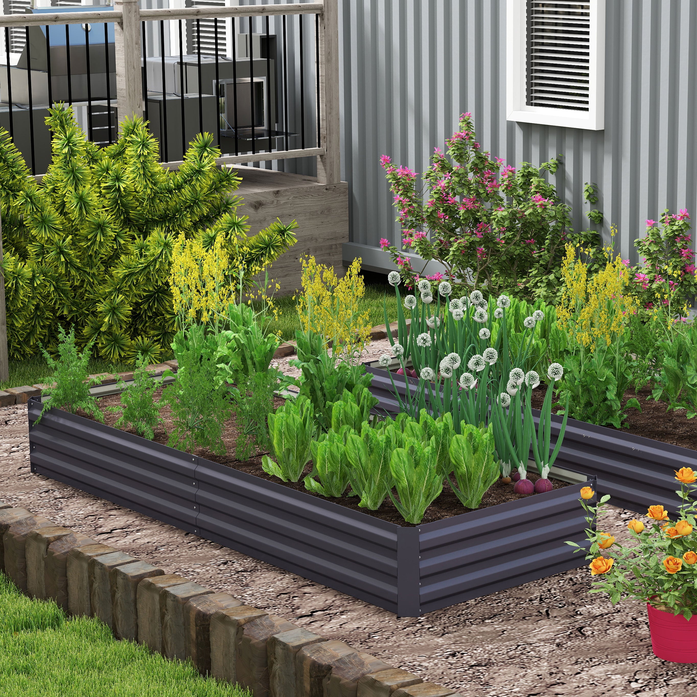 Outsunny Metal Raised Garden Bed Planter Box Outdoor Planters for Growing Flowers, Herbs, Grey, 241x90.5x30cm - North Peak Garden Furniture