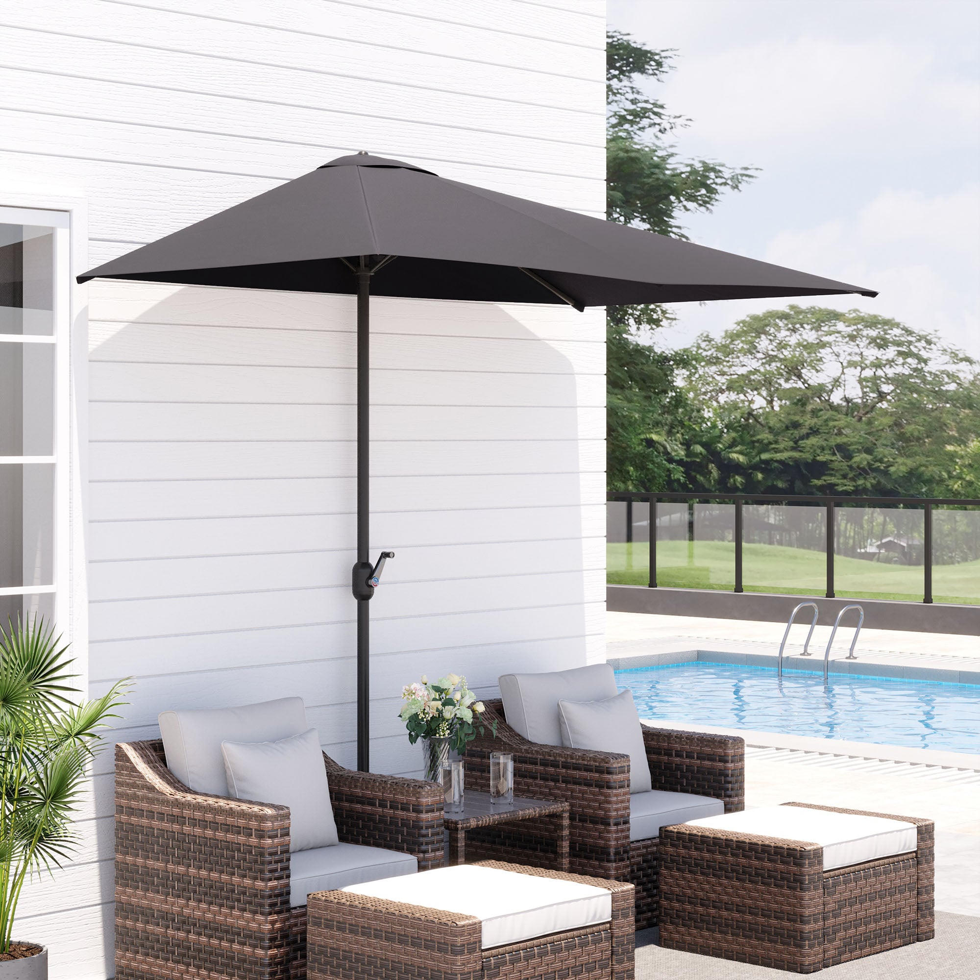 Outsunny Balcony Half Parasol Semi Round Umbrella Patio Crank Handle (2.3 m, Grey)- NO BASE INCLUDED - North Peak Garden Furniture