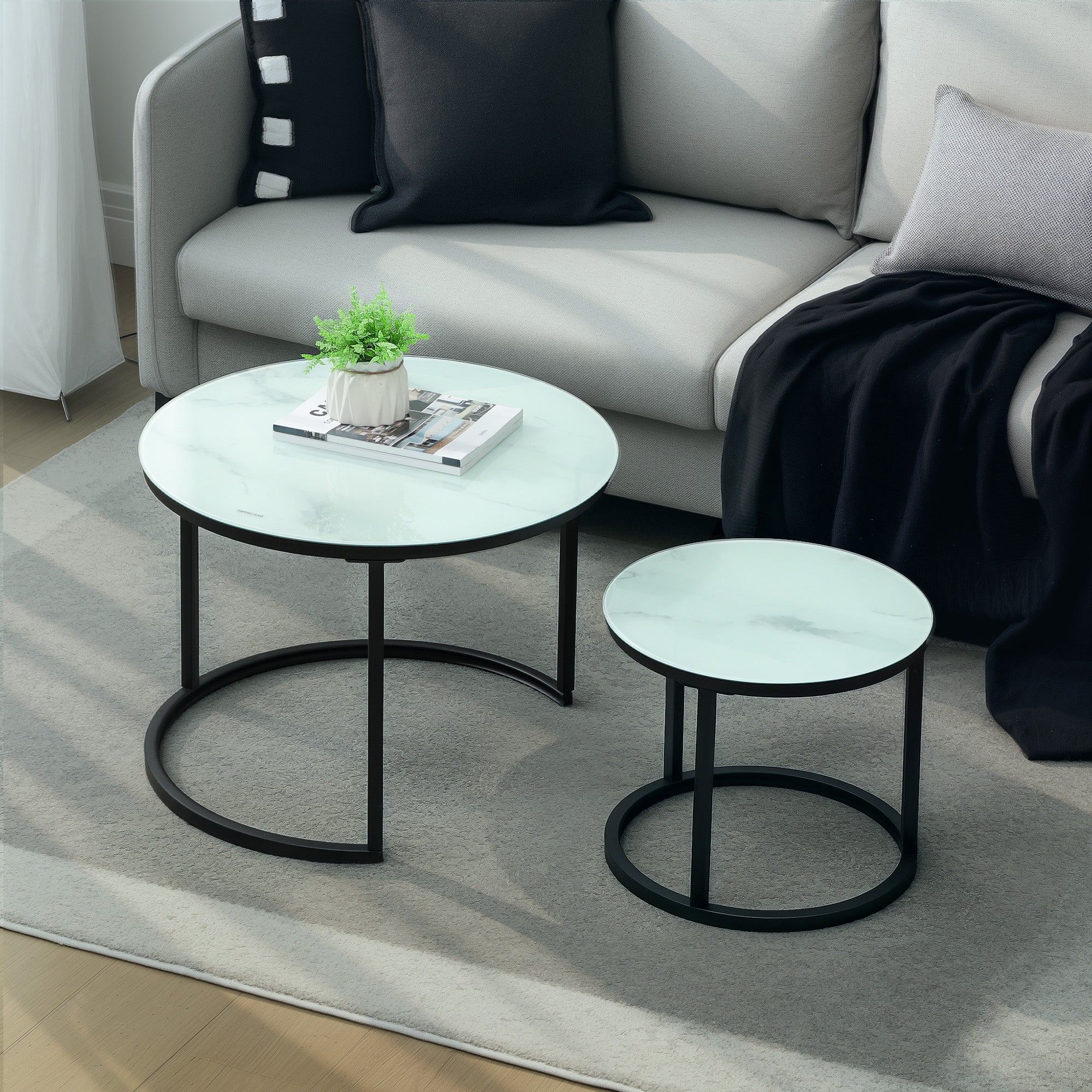 HOMCOM Glass Coffee Table Set of 2, Round Nest of Tables with Marble-Effect Tempered Glass Tabletop and Steel Frame, Modern Side Tables for Living Room, White