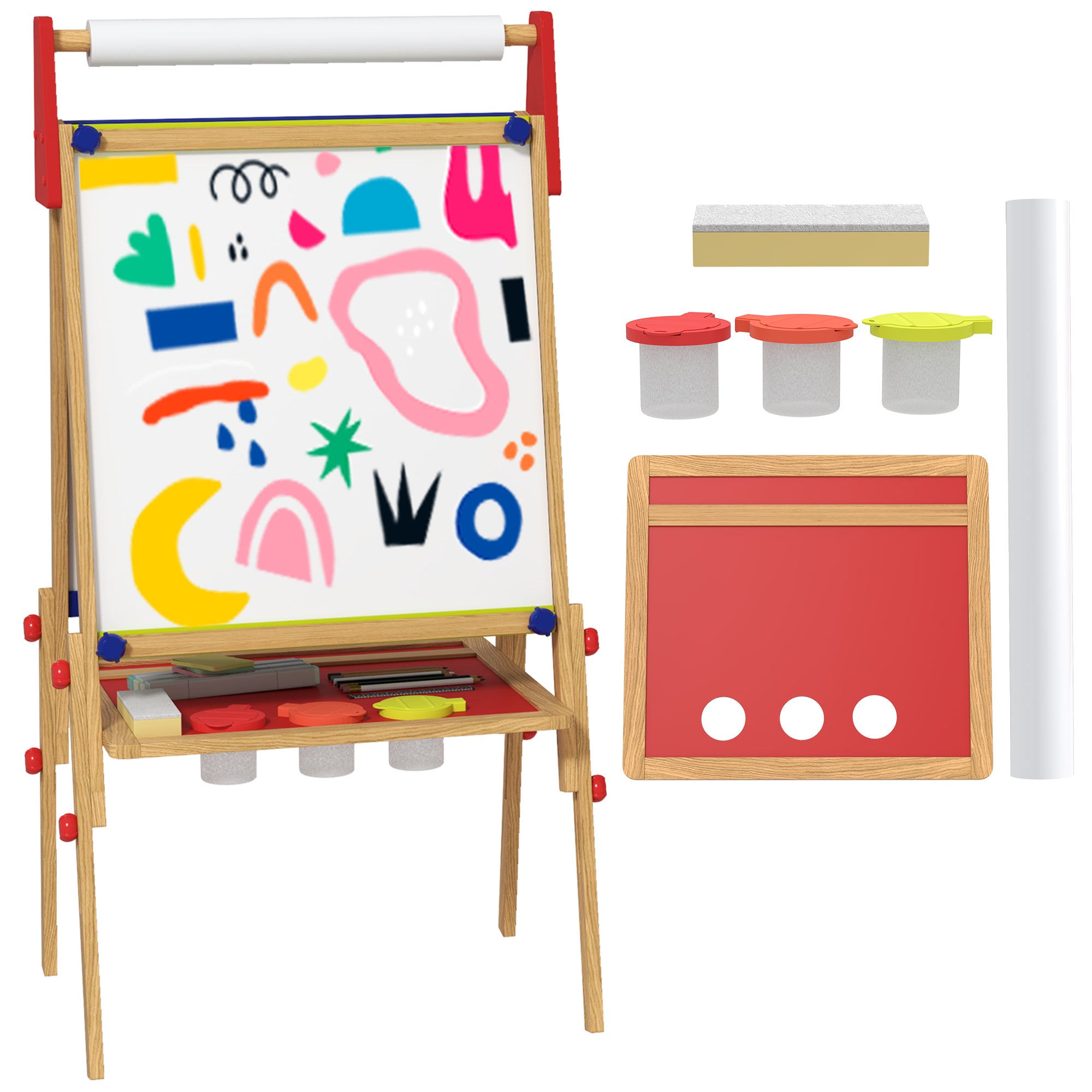 AIYAPLAY 3 in 1 Wooden Kids Easel with Paper Roll, Whiteboard & Chalkboard, Painting Accessories - North Peak Garden Furniture