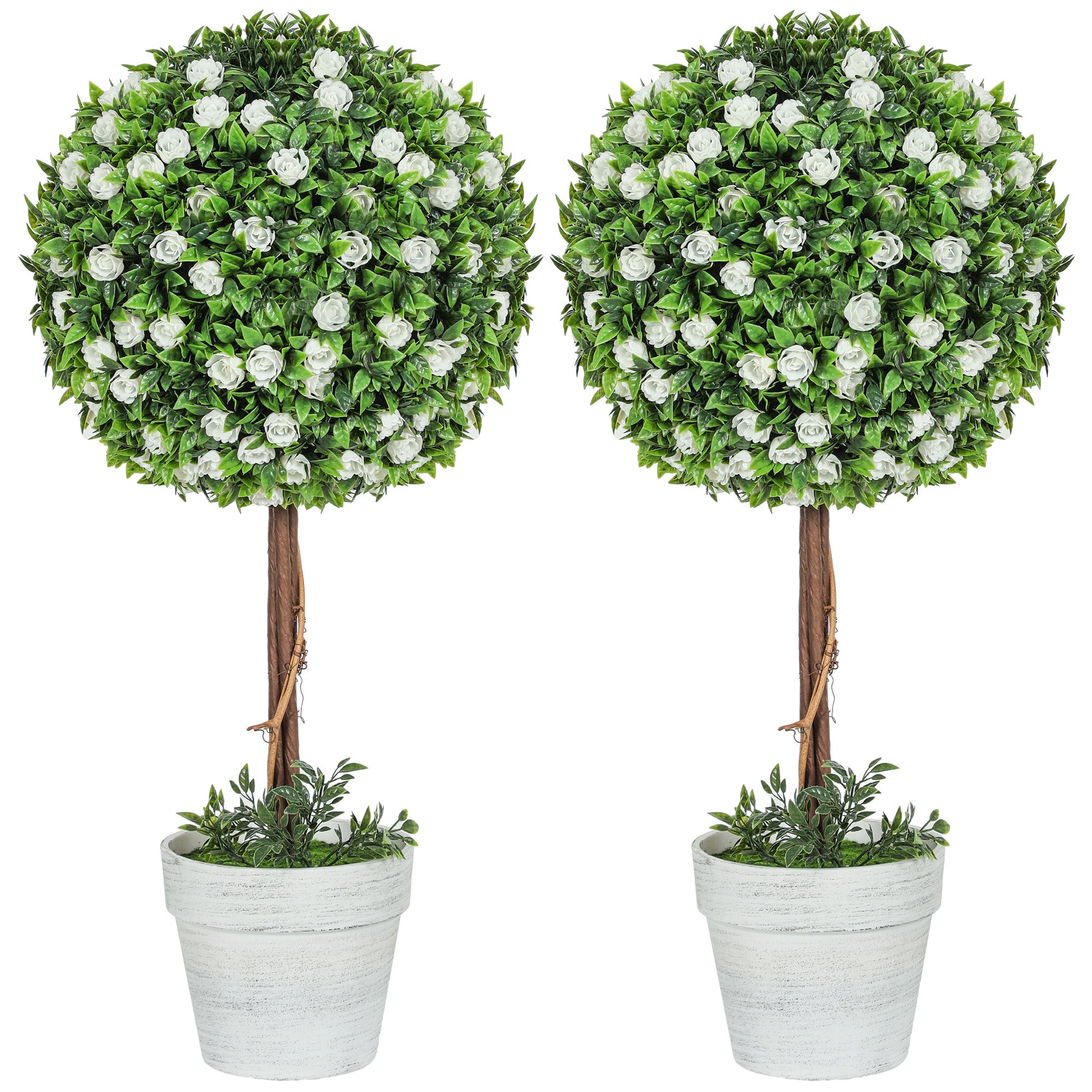 HOMCOM Set of 2 Decorative Artificial Plants, Ball Topiary Tree with Rose Flower in Pot, Fake Plants for Home Indoor Outdoor Decor, 60cm, White - North Peak Garden Furniture