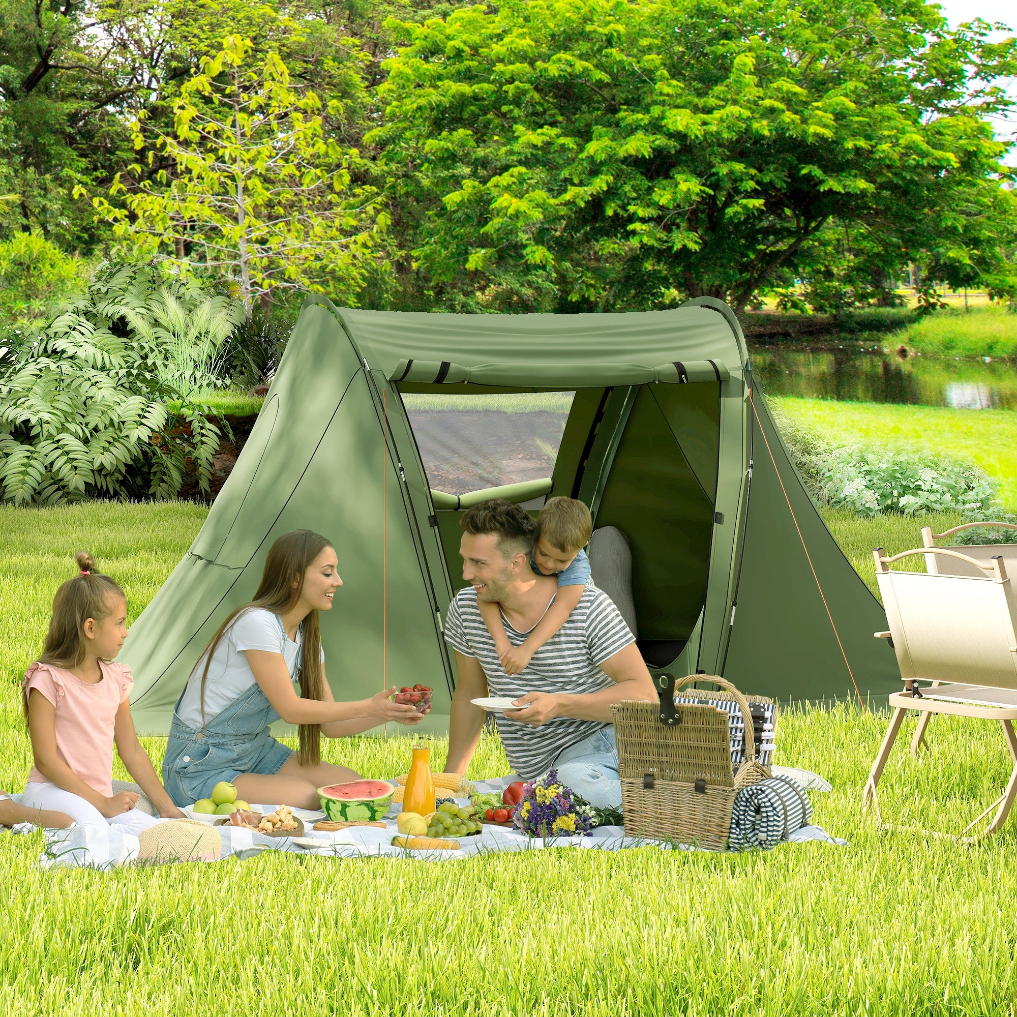 Outsunny 3 Man Camping Tent with Living Area and 2 Bedrooms, 3000mm Waterproof Family Tent with Sewn-in Groundsheet, Portable with Bag for Hiking, Festival, Backpacking, Green - North Peak Garden Furniture
