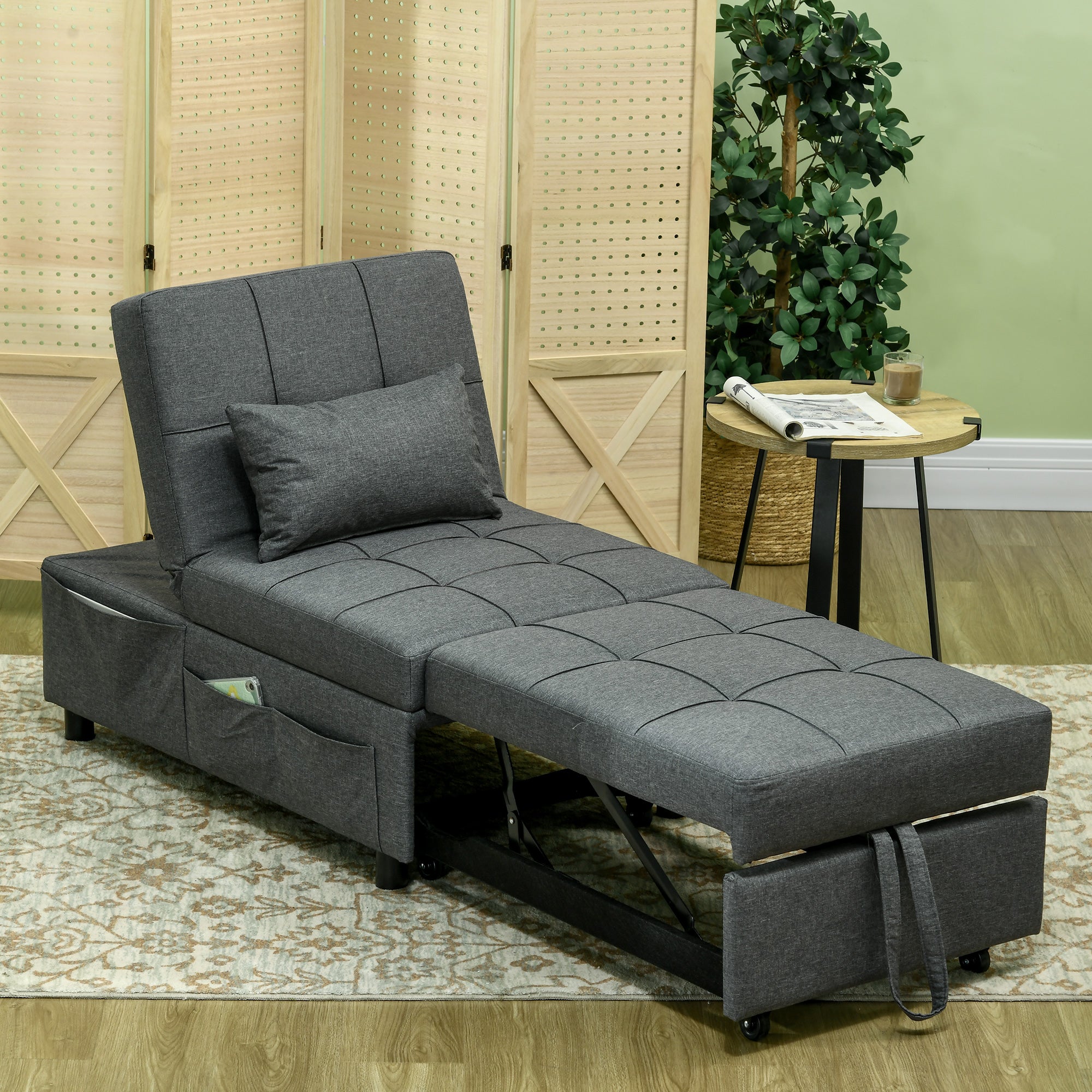 HOMCOM Convertible Chair Bed with Padding Seat, 4-in-1 Multi-Functional Sleeper Sofa Bed, Recliner with Adjustable Backrest, Side Pocket, Wheels and Pillow, for Living Room, Grey - North Peak Garden Furniture