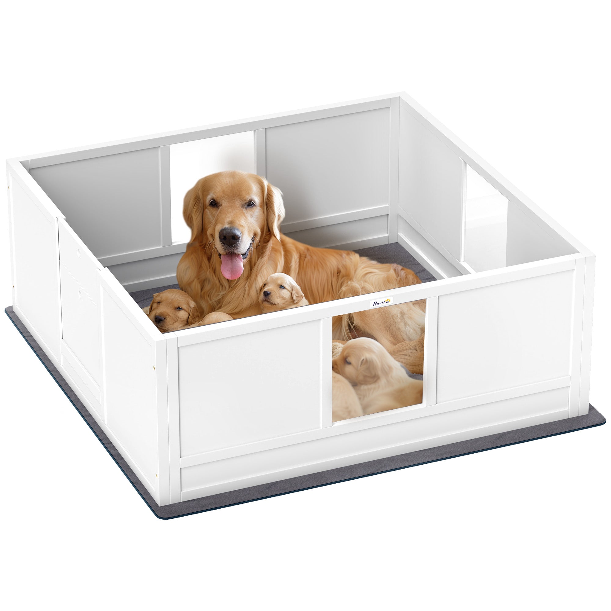 PawHut Whelping Box for Dogs with Whelping Pad, Adjustable Entrance, Non-slip Foot Pads, for Large Dogs, 124 x 120cm - North Peak Garden Furniture