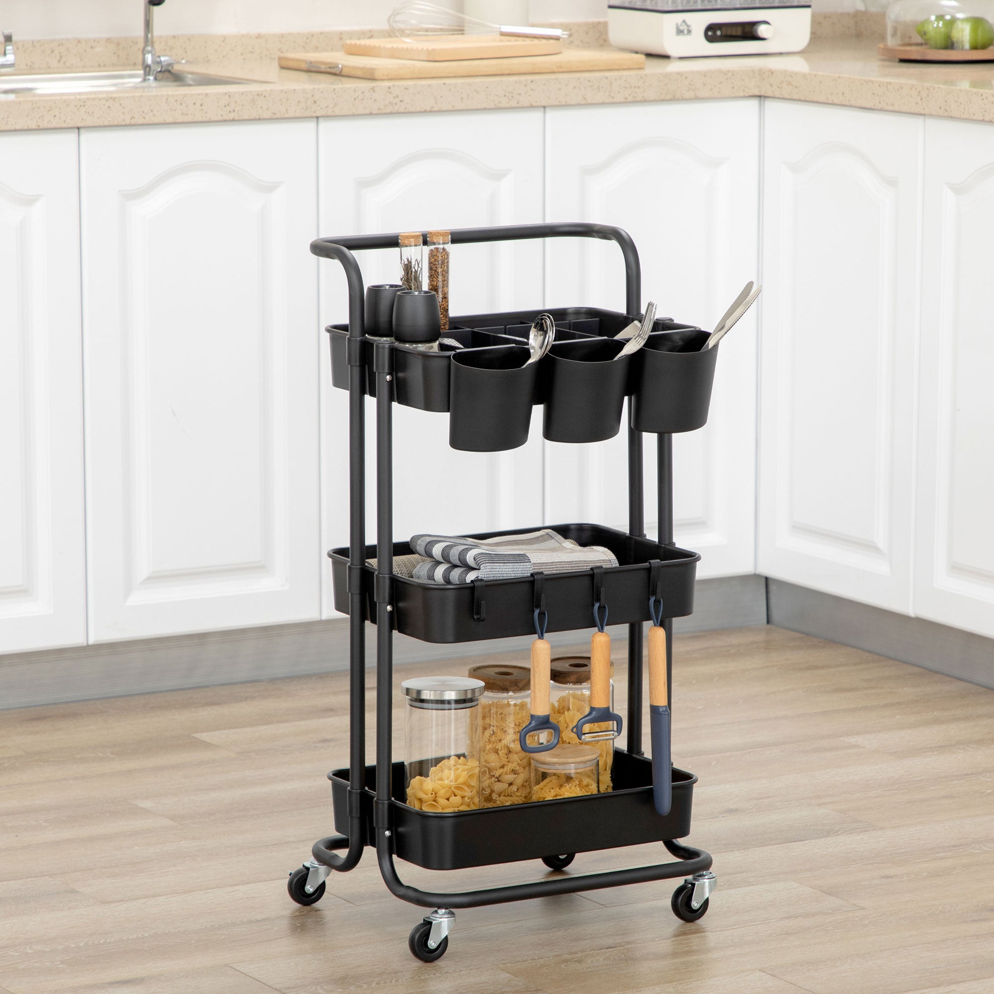 HOMCOM 3 Tier Utility Rolling Cart, Kitchen Cart with 3 Removable Mesh Baskets, 3 Hanging Box, 4 Hooks and Dividers for Living Room, Laundry, Garage, Black - North Peak Garden Furniture