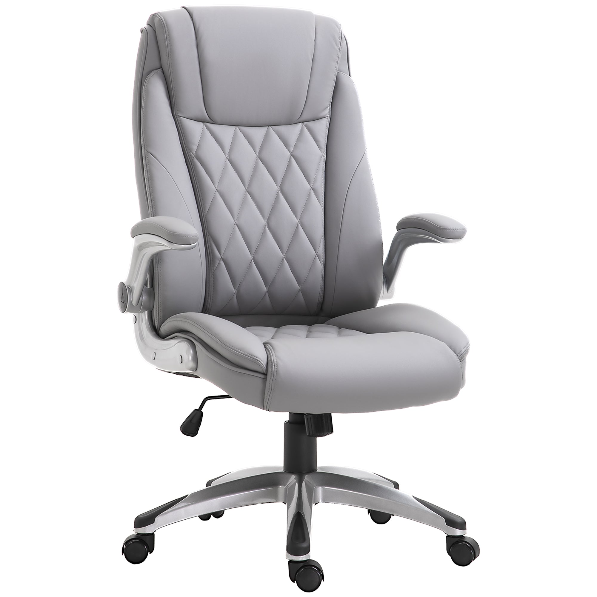 Vinsetto High Back Executive Office Chair Home Swivel PU Leather Ergonomic Chair, with Flip-up Arm, Wheels, Adjustable Height, Grey - North Peak Garden Furniture