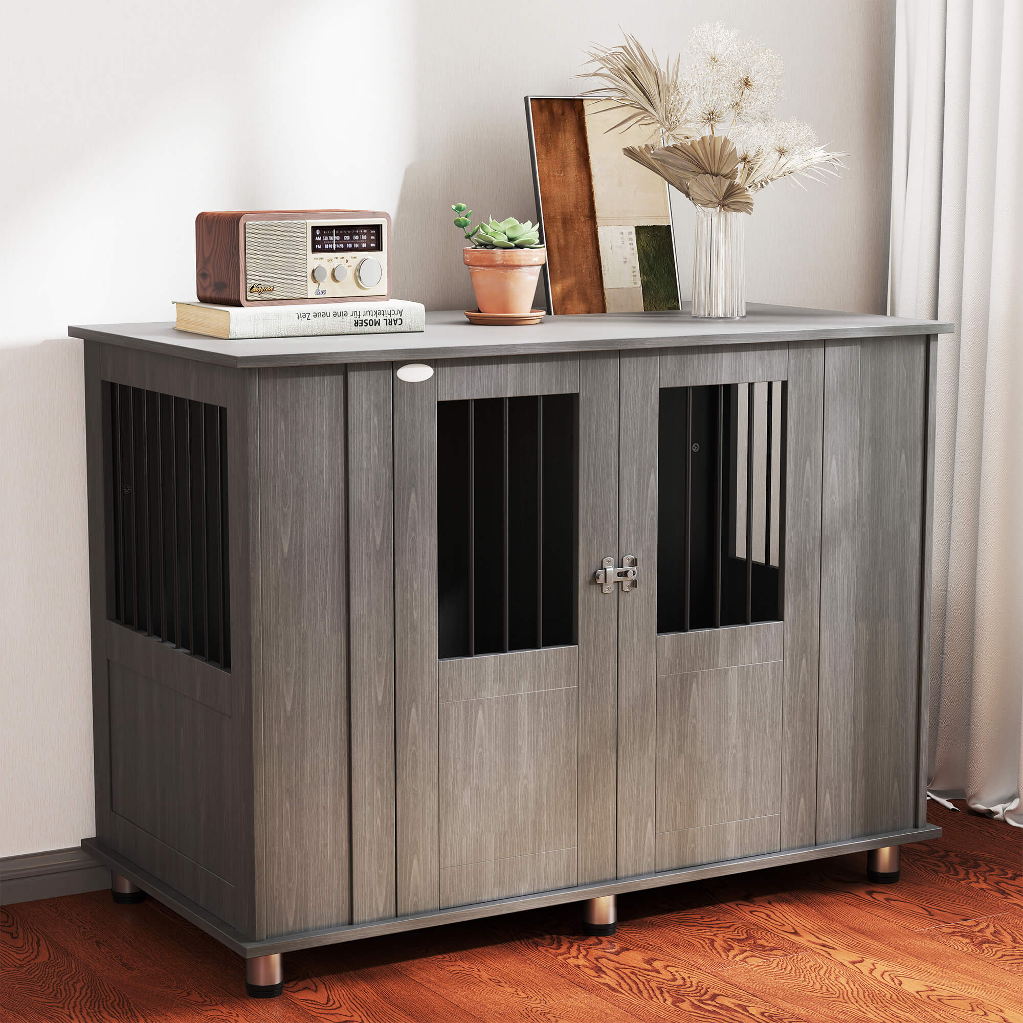 PawHut Dog Crate Table for Medium and Large Dogs with Magnetic Door for Indoor Use, 116 x 60 x 87 cm, Grey - North Peak Garden Furniture