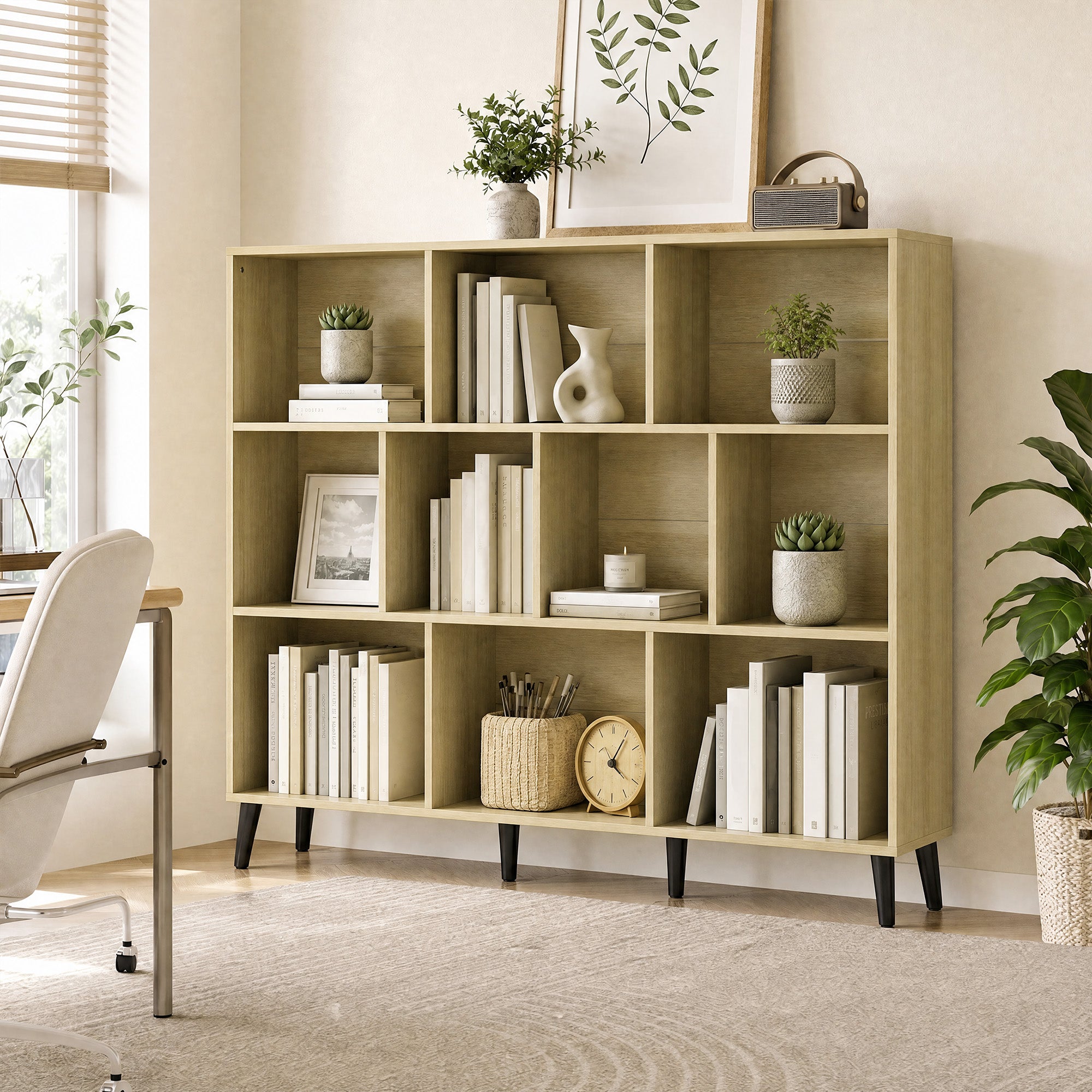 HOMCOM 10-Cube Bookcase, 3-Tier Book Shelf with Solid Wood Legs, 140 cm Modern Bookshelf with Anti-Tip Kit, Oak