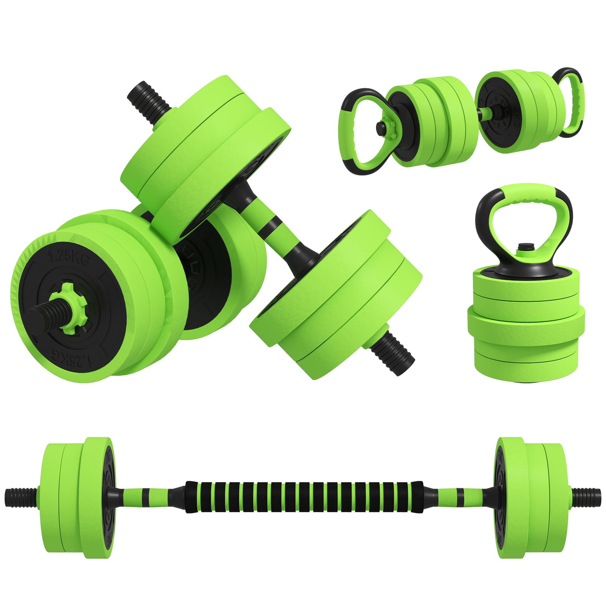 SPORTNOW 20kg Four-In-One Adjustable Weight Dumbbells Set, Barbell, Kettlebell, Push Up Stand - Green - North Peak Garden Furniture