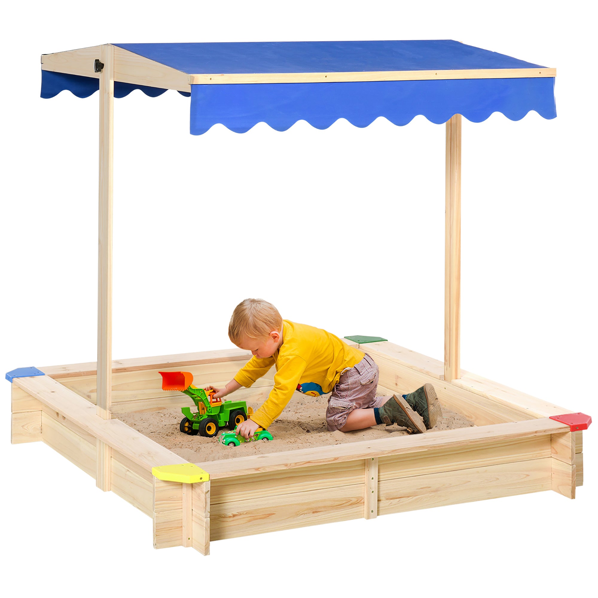 Outsunny Kids Wooden Sand Pit Children Square Sandbox Outdoor Playset Play Station Adjustable Canopy Bench Seat 120x120x120cm - North Peak Garden Furniture