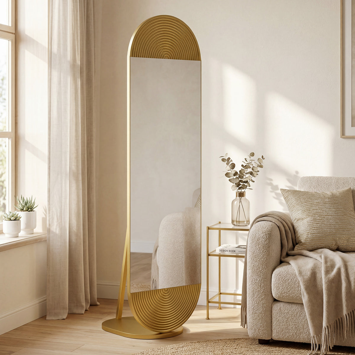 HOMCOM 50 x 161 cm Wavy Full Length Mirror, Free Standing Mirror with Metal Frame and Solid Base, Gold Tone