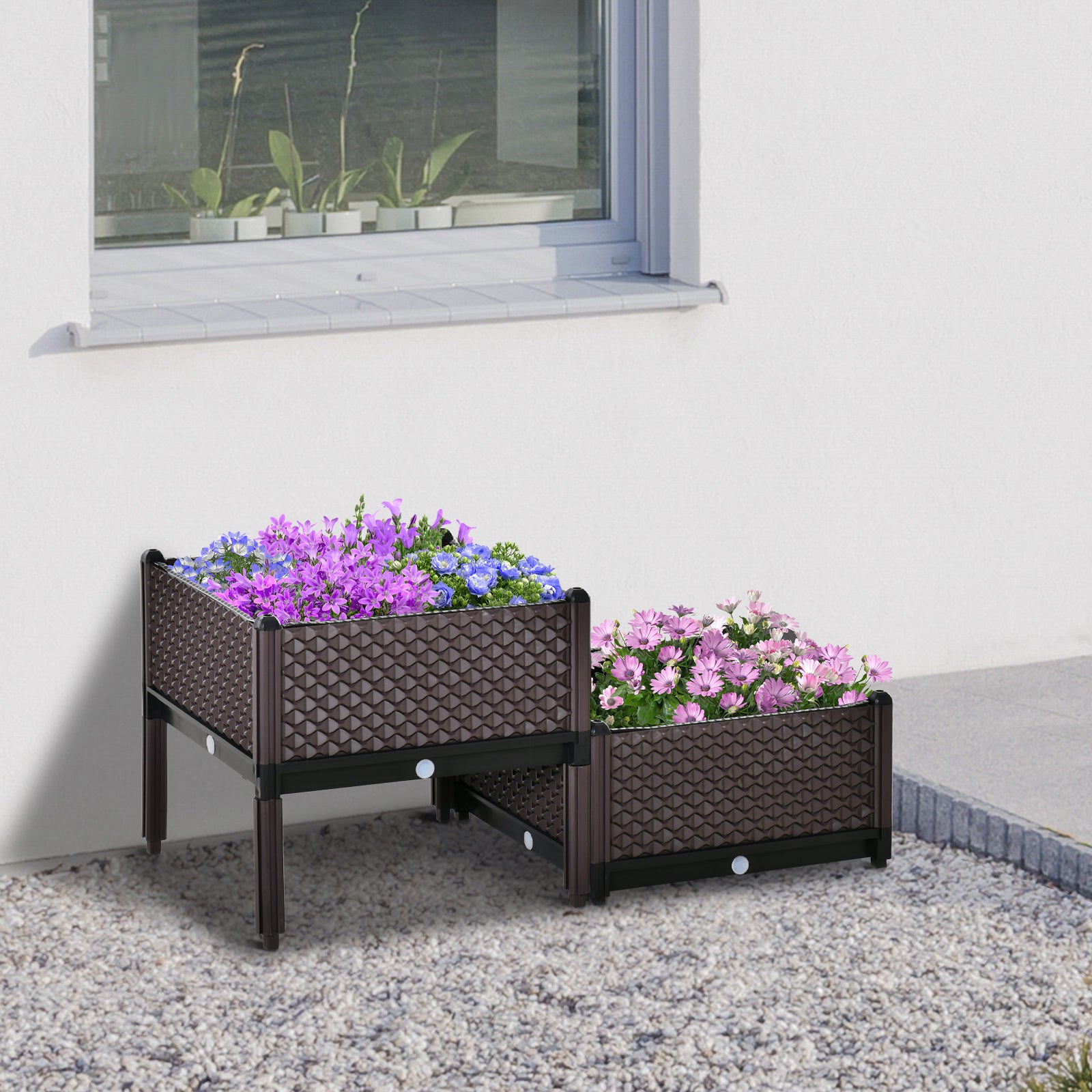 Outsunny 50cm x 50cm x 46.5cm Set of 2 41L Plastic Raised Garden Bed, Planter Box, Flower Vegetables Planting Container with Self-Watering Design and Drainage Holes for Patio Balcony - North Peak Garden Furniture